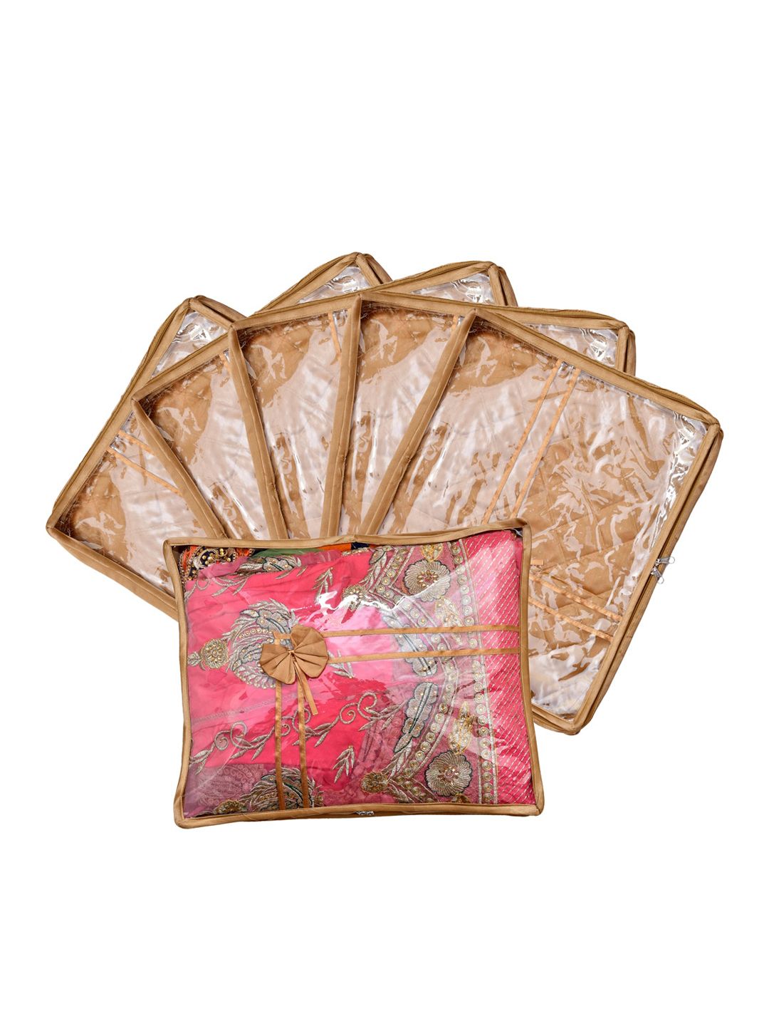 Kuber Industries Set Of 6 Gold-Coloured & Transparent Solid Satin Single Packing Saree Cover Organizers Price in India