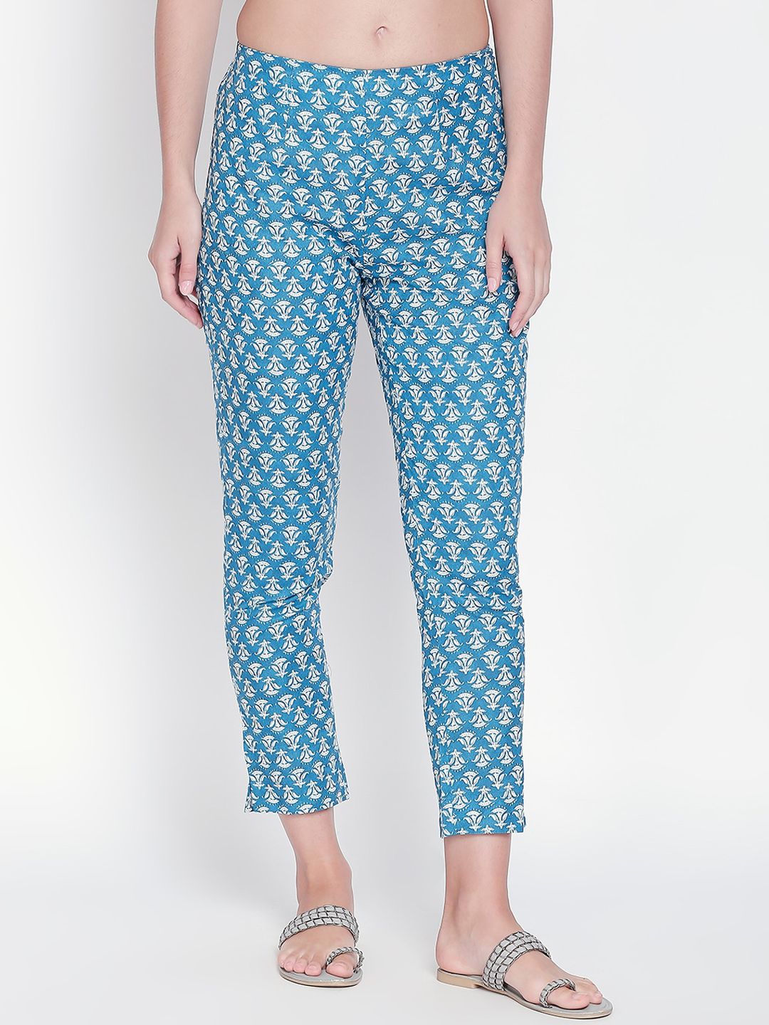 RANGMANCH BY PANTALOONS Women Blue Regular Fit Printed Cigarette Trousers Price in India