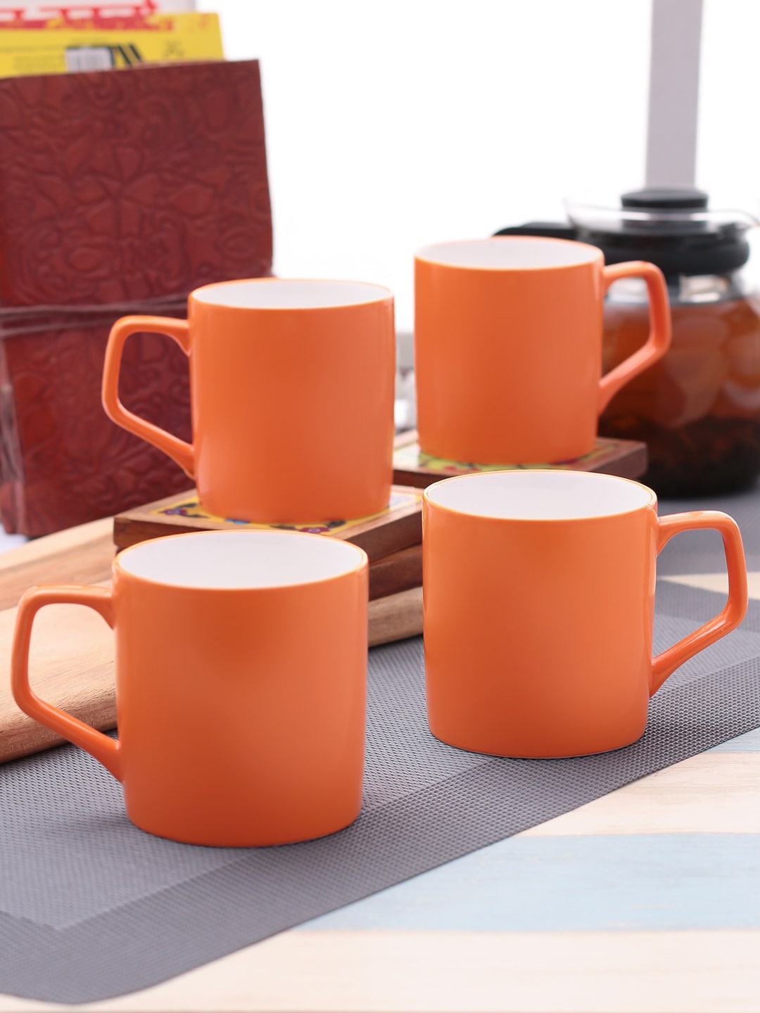 CLAY CRAFT Orange Solid 4 Pcs Ceramic Mug Set Price in India