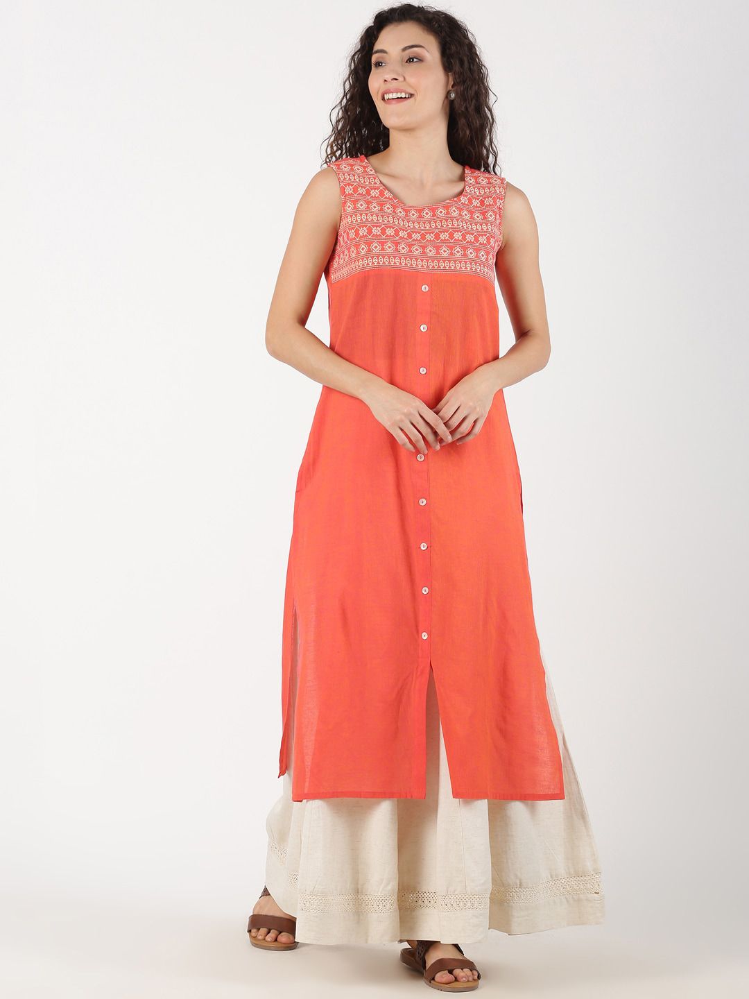 Saffron Threads Women Coral & Off-White Yoke Design A-Line Kurta Price in India