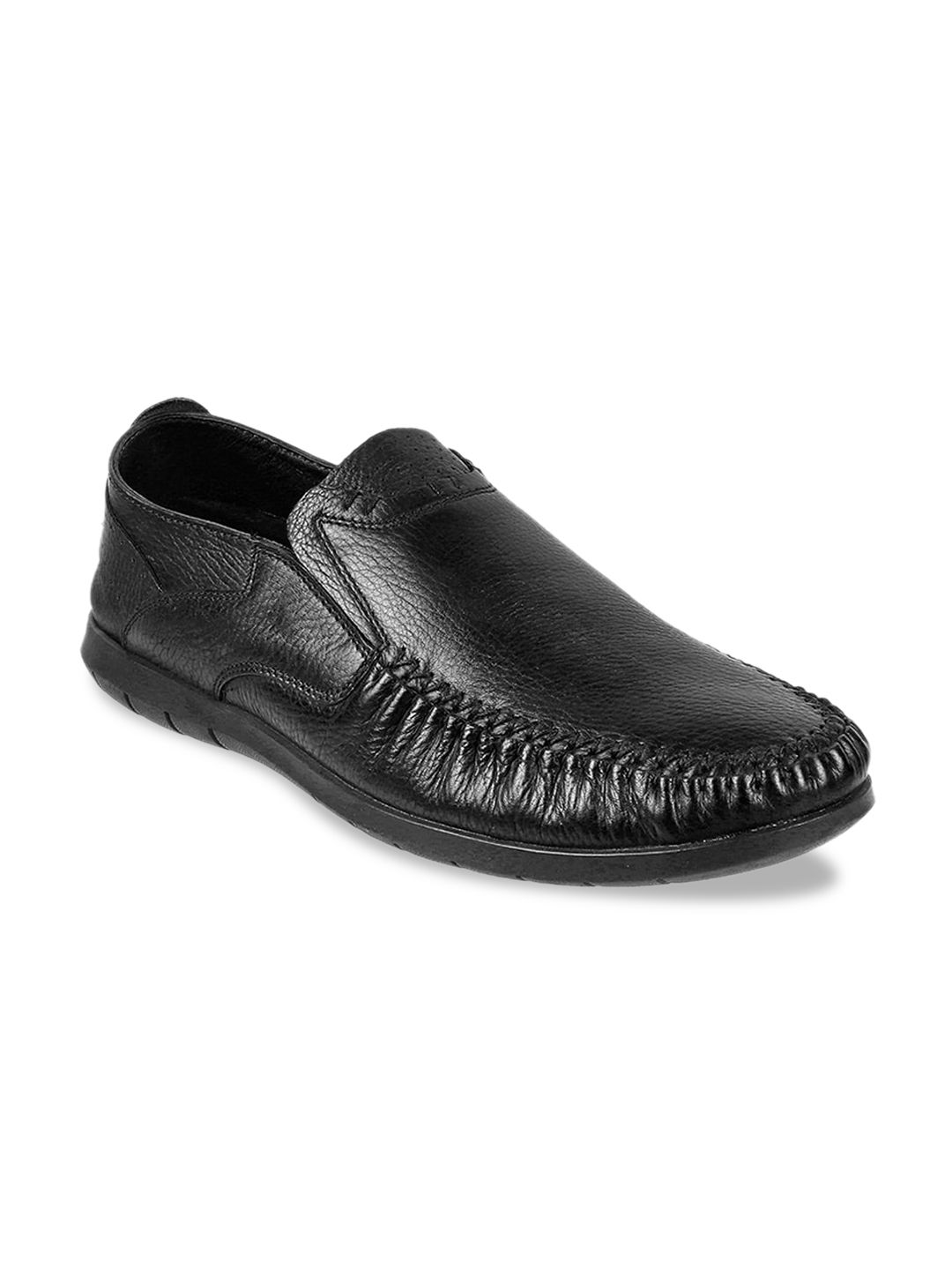 Mochi Men Black Solid Leather Loafers