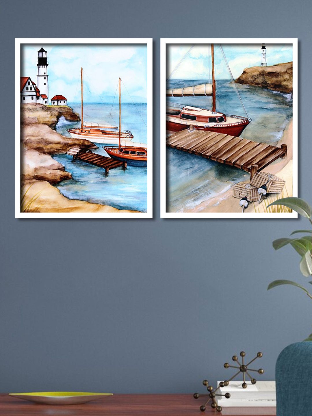Art Street Set Of 2 Blue & Brown Sea Port Framed Canvas Wall Art Price in India