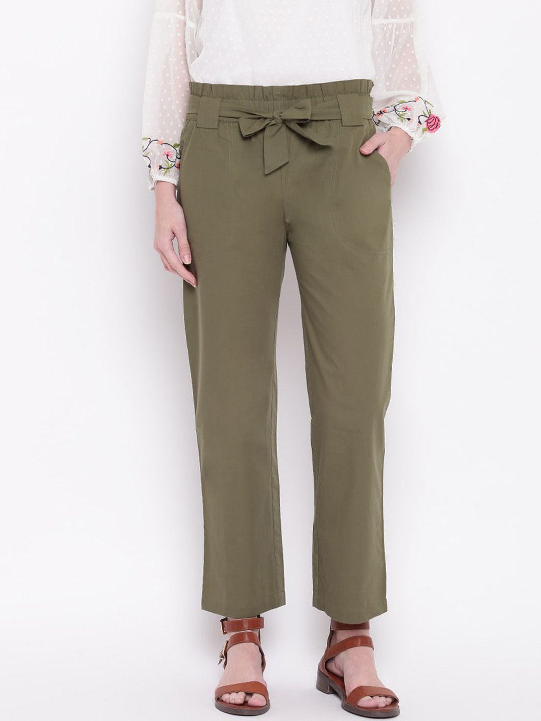 Mayra Women Olive Green Regular Fit Solid Regular Trousers Price in India