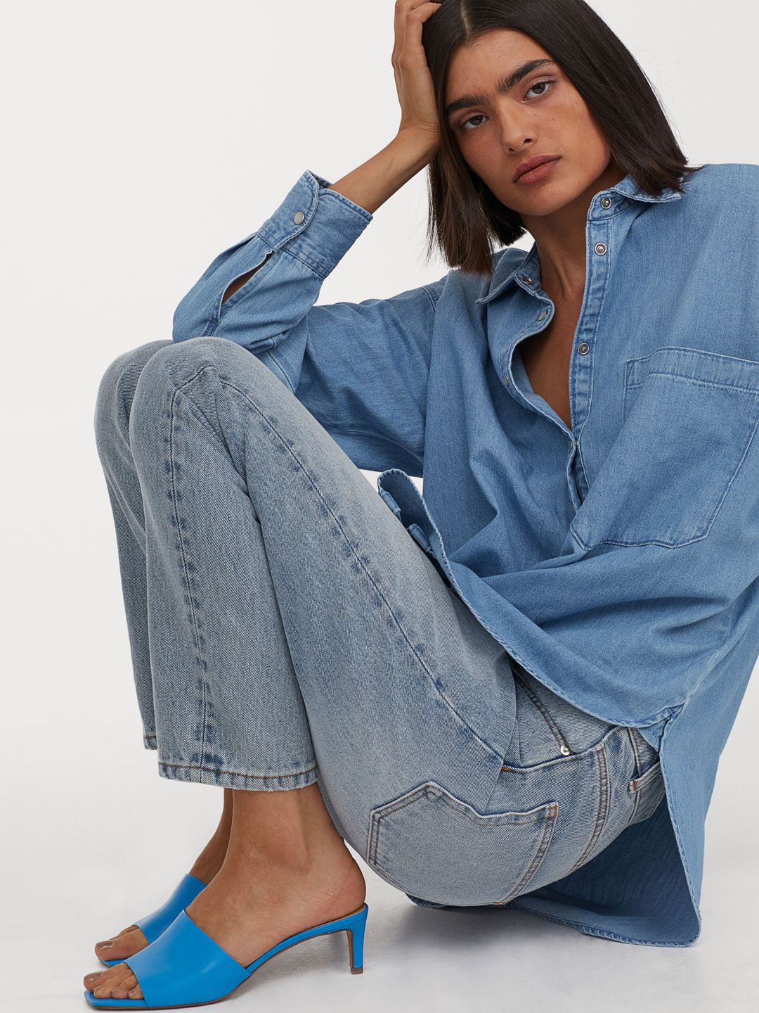 H&M Women Blue Solid Denim shirt