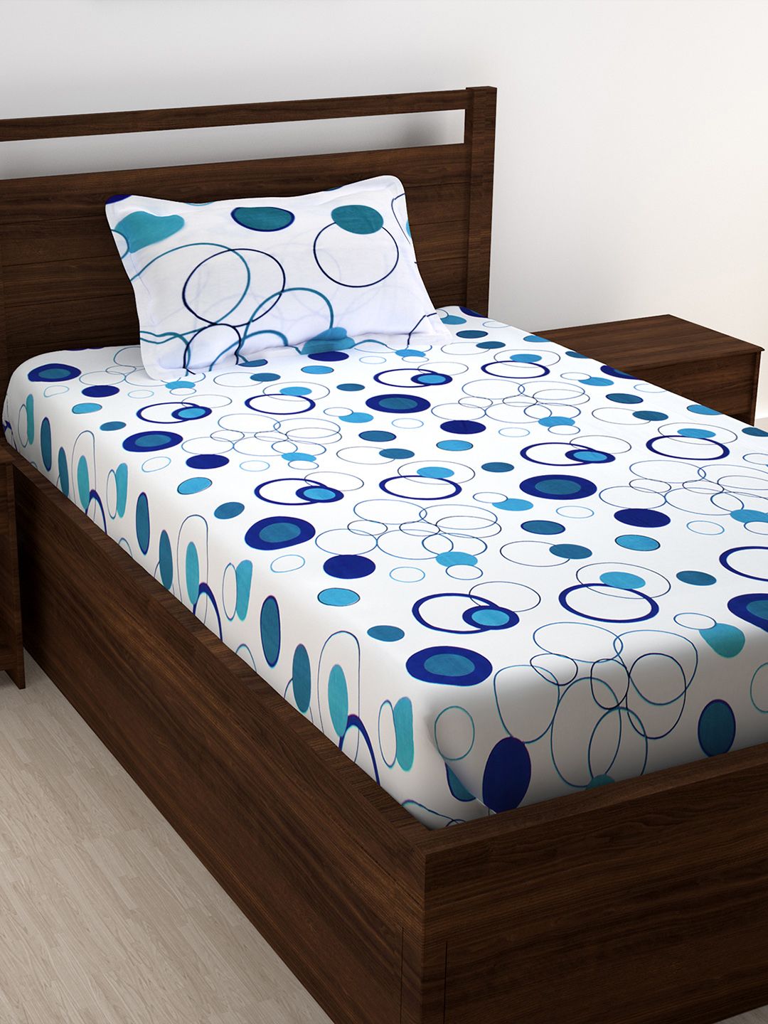 Story@home White & Blue Geometric 186 TC Cotton 1 Single Bedsheet with 1 Pillow Covers Price in India