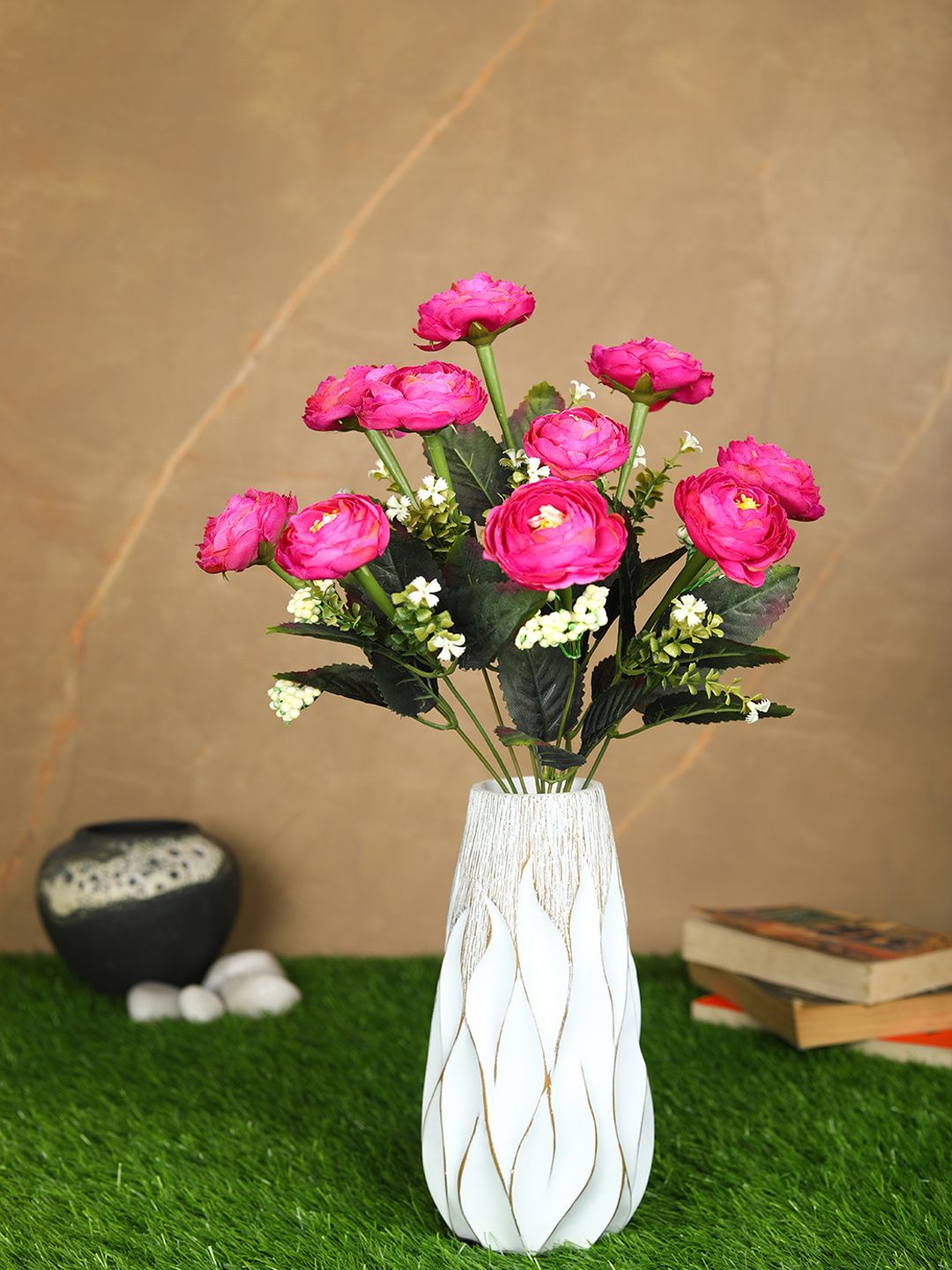 PolliNation Pink & Green Decorative Artificial Camellia Rose Flower Bunch Price in India