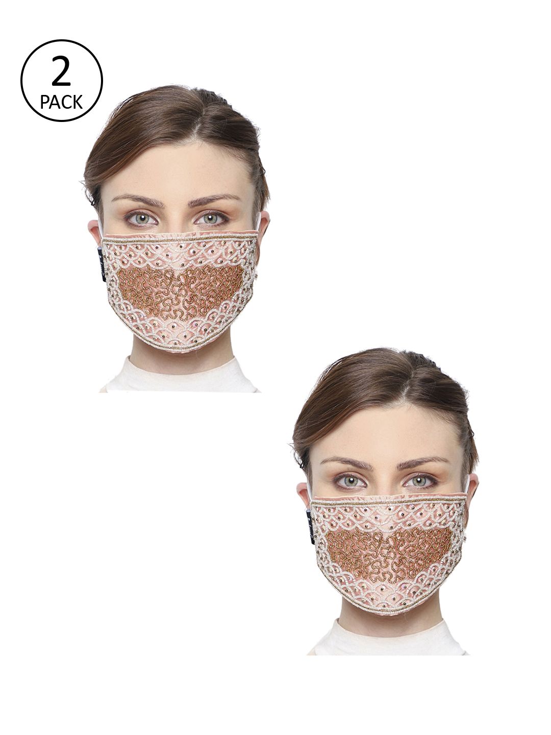 Anekaant Women 2 Pcs Peach Coloured Embellished 3-Ply Anti-Pollution Reusable Cloth Masks Price in India