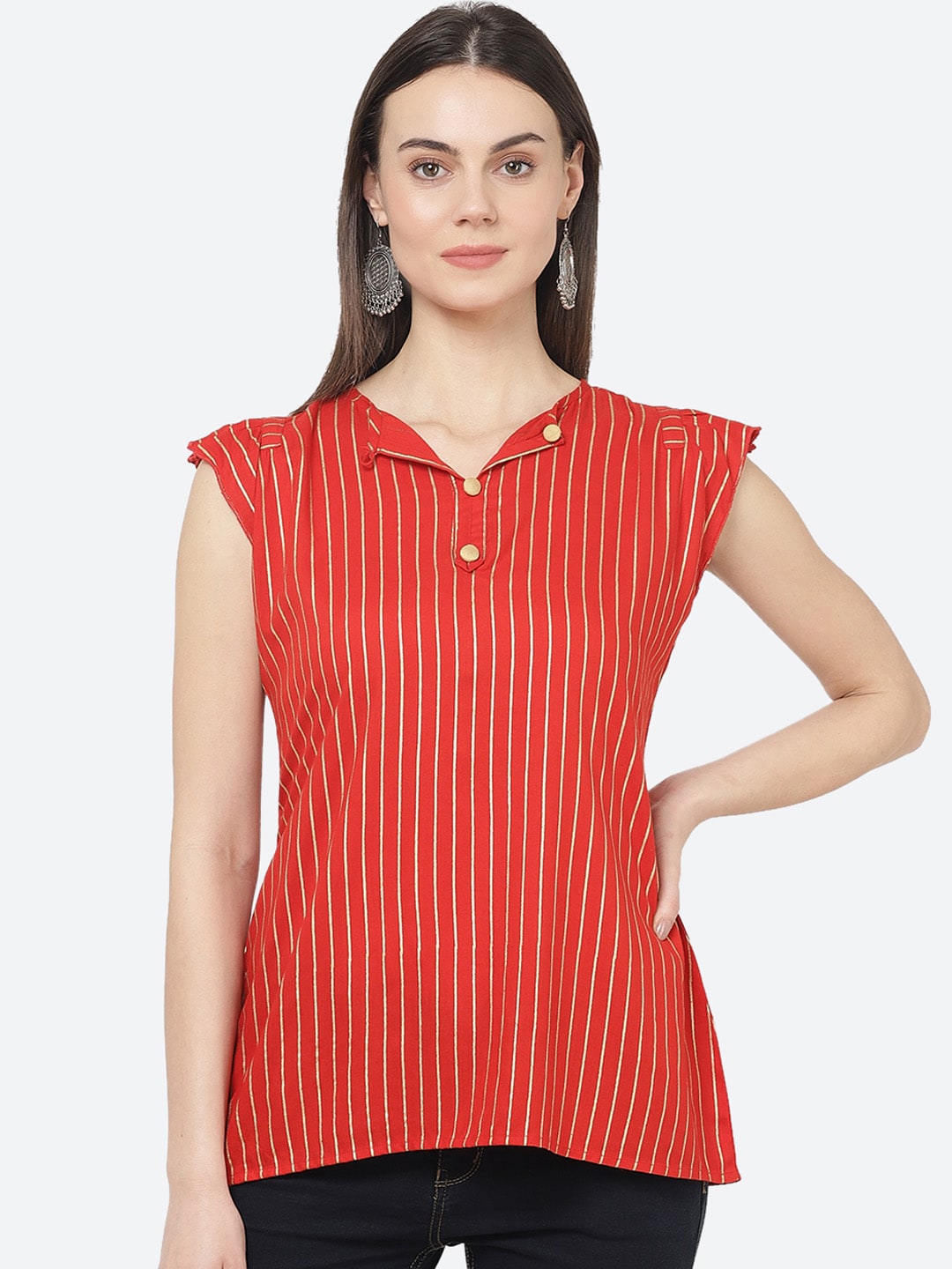 aayusika Women's Red & Gold-Toned Striped Tunic Price in India
