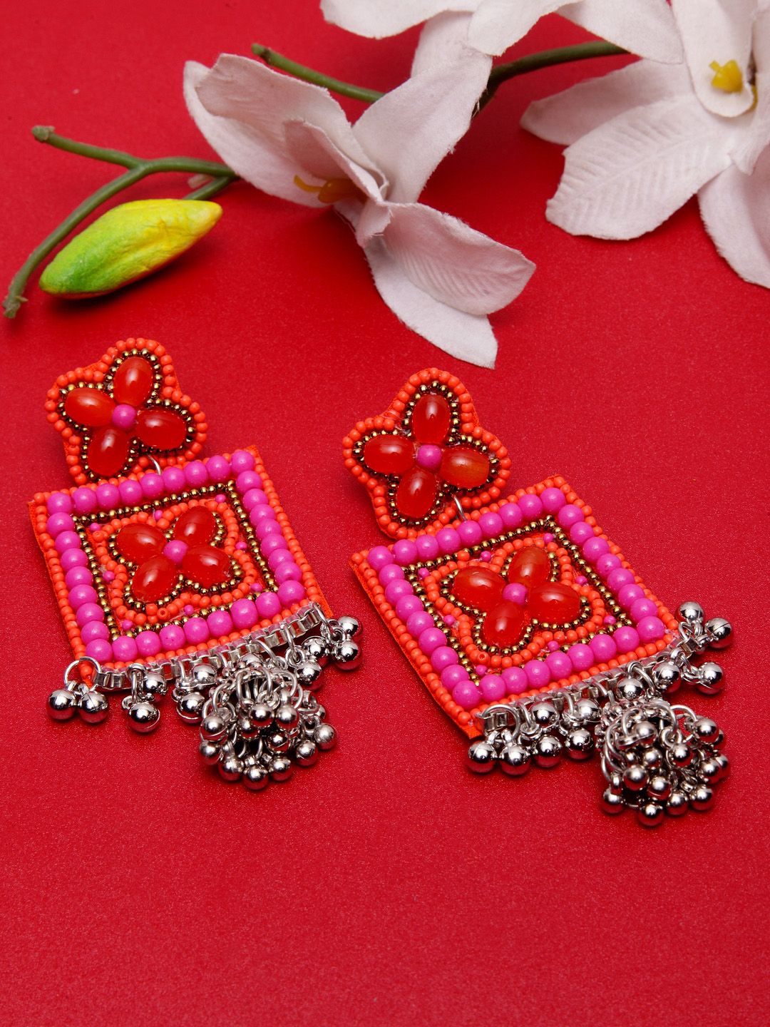Moedbuille Pink & Orange Square Afghan Antique Drop Earrings Price in India
