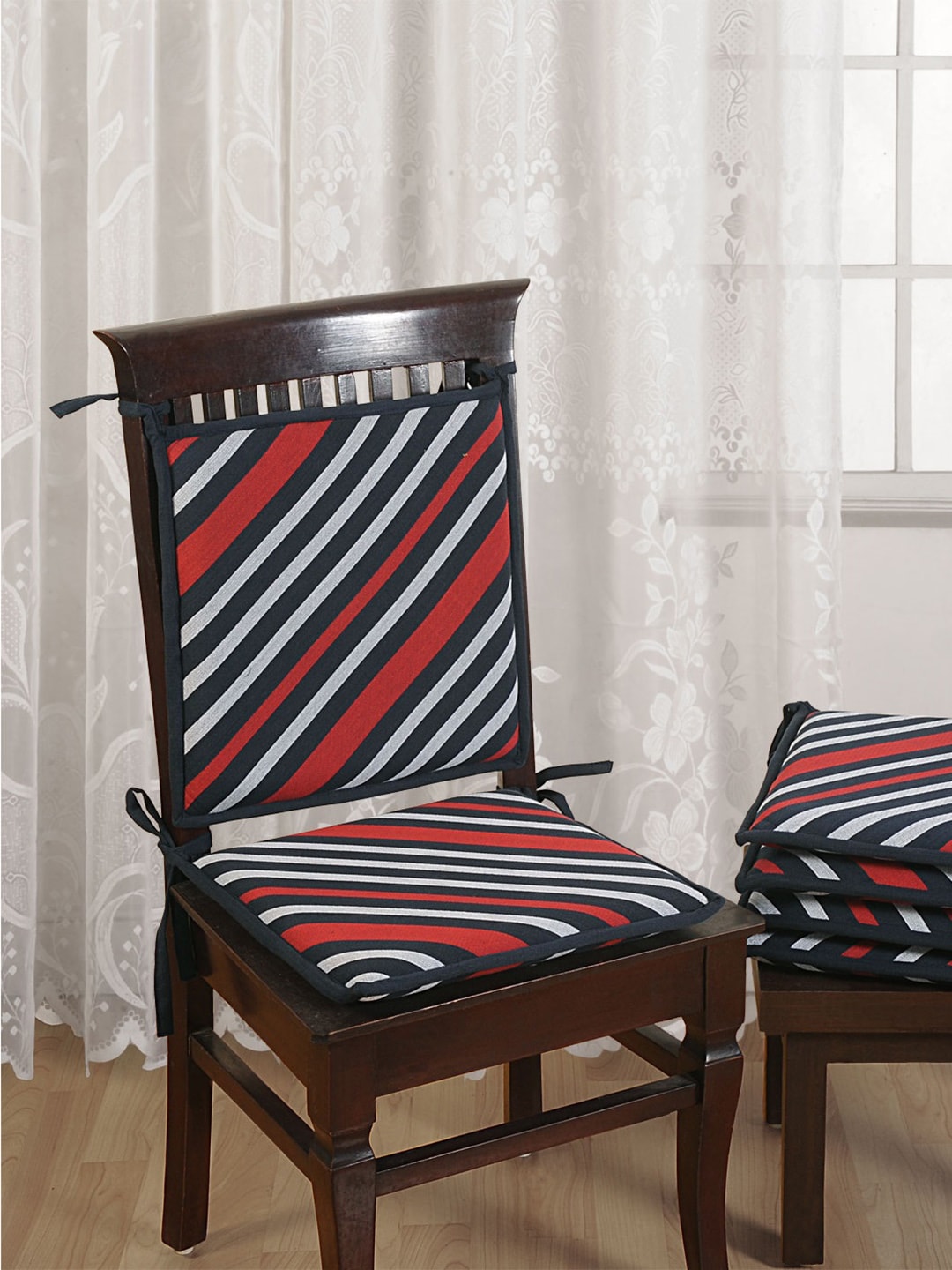 Swayam Set Of 6 Navy Blue & Red Striped Chair Pads With Loops Price in India