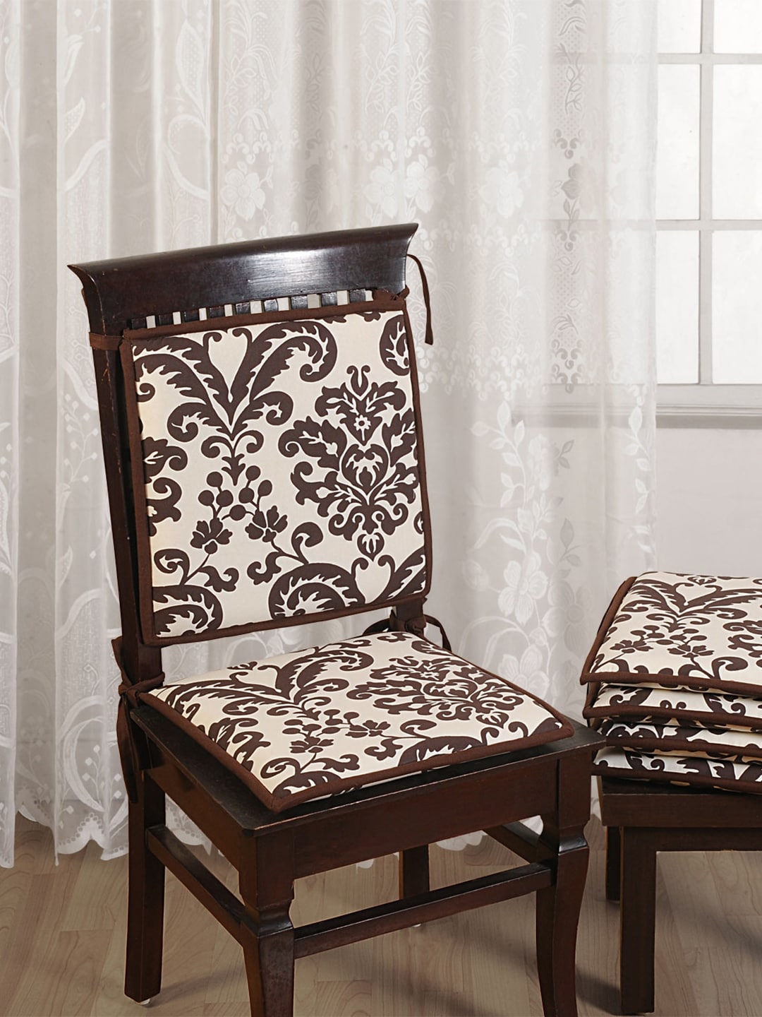 SWAYAM Off-White & Brown Set of 2 Printed Chair Pads Standard Size with Loops 40 X 40 Cm Price in India
