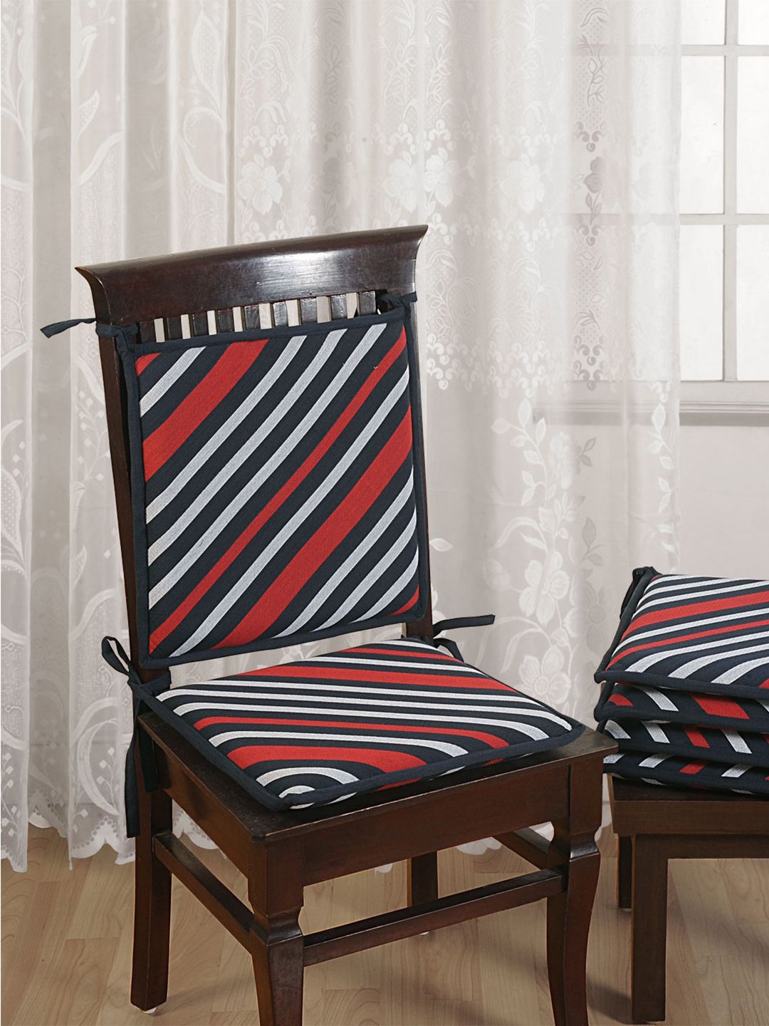 Swayam Set of 4 Navy Blue & Red Striped Chair Pads with Loops Price in India