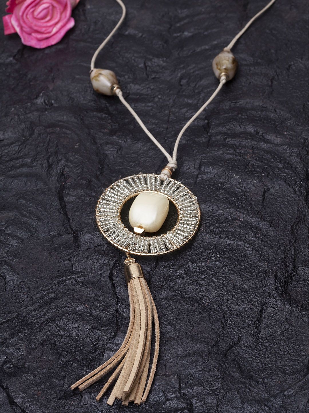 Madame Beige Hand Woven Tassel Stone Necklace Price in India