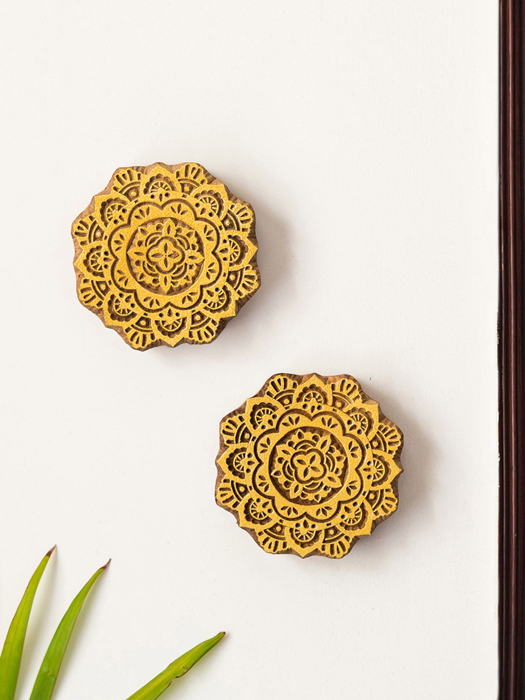 ExclusiveLane Set of 2 Yellow & Brown Mandala Hand Carved Block Wall Decor Price in India