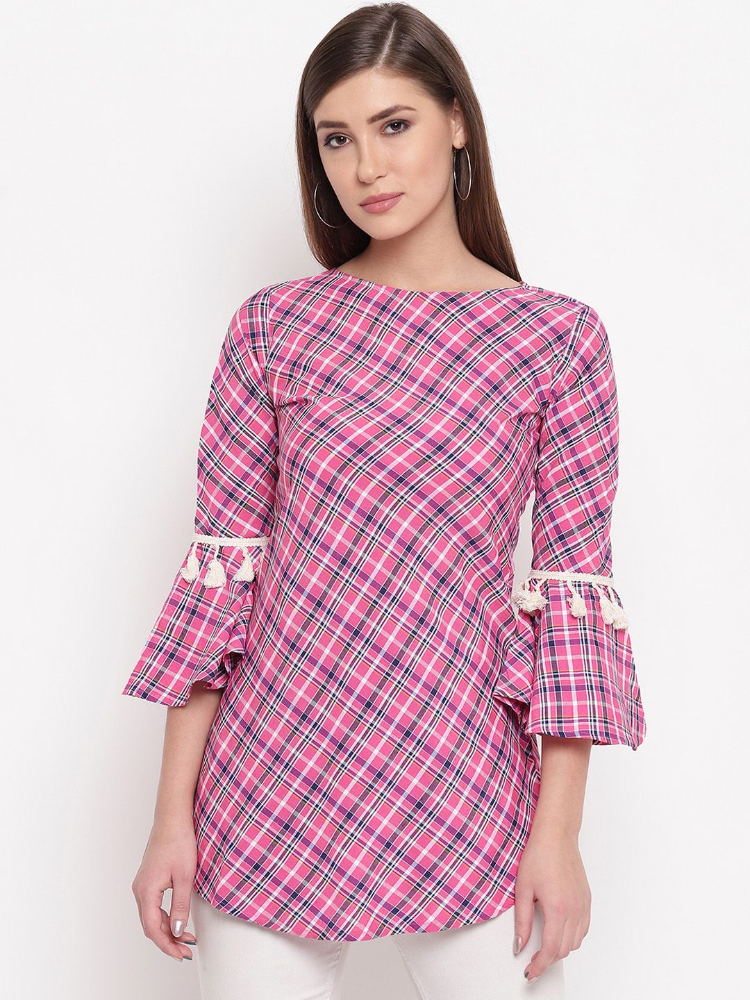 FABNEST Women Pink & Navy Blue Checked Tunic Price in India
