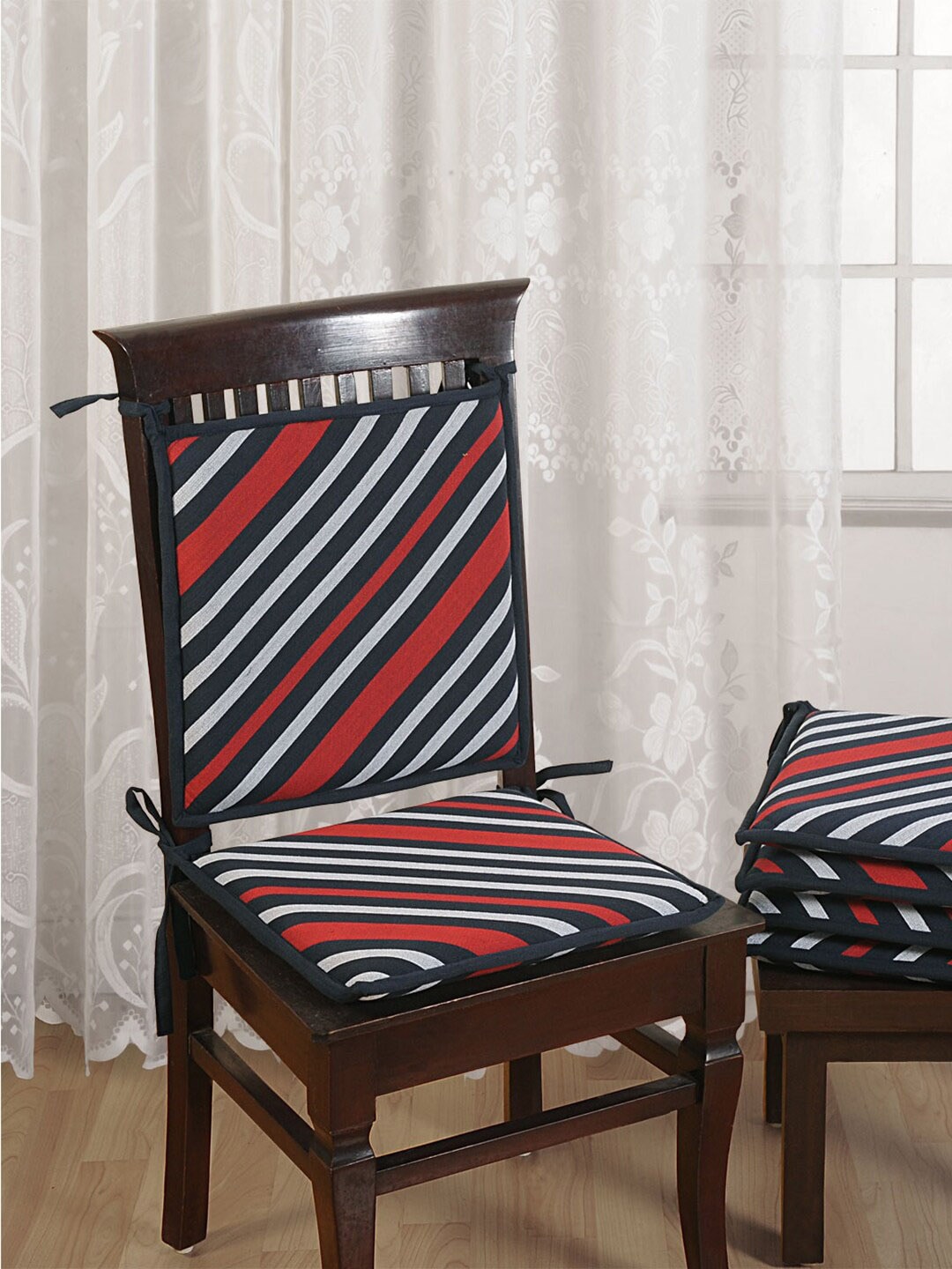 Swayam Set of 2 Navy Blue & Red Striped Chair Pads with Loops Price in India