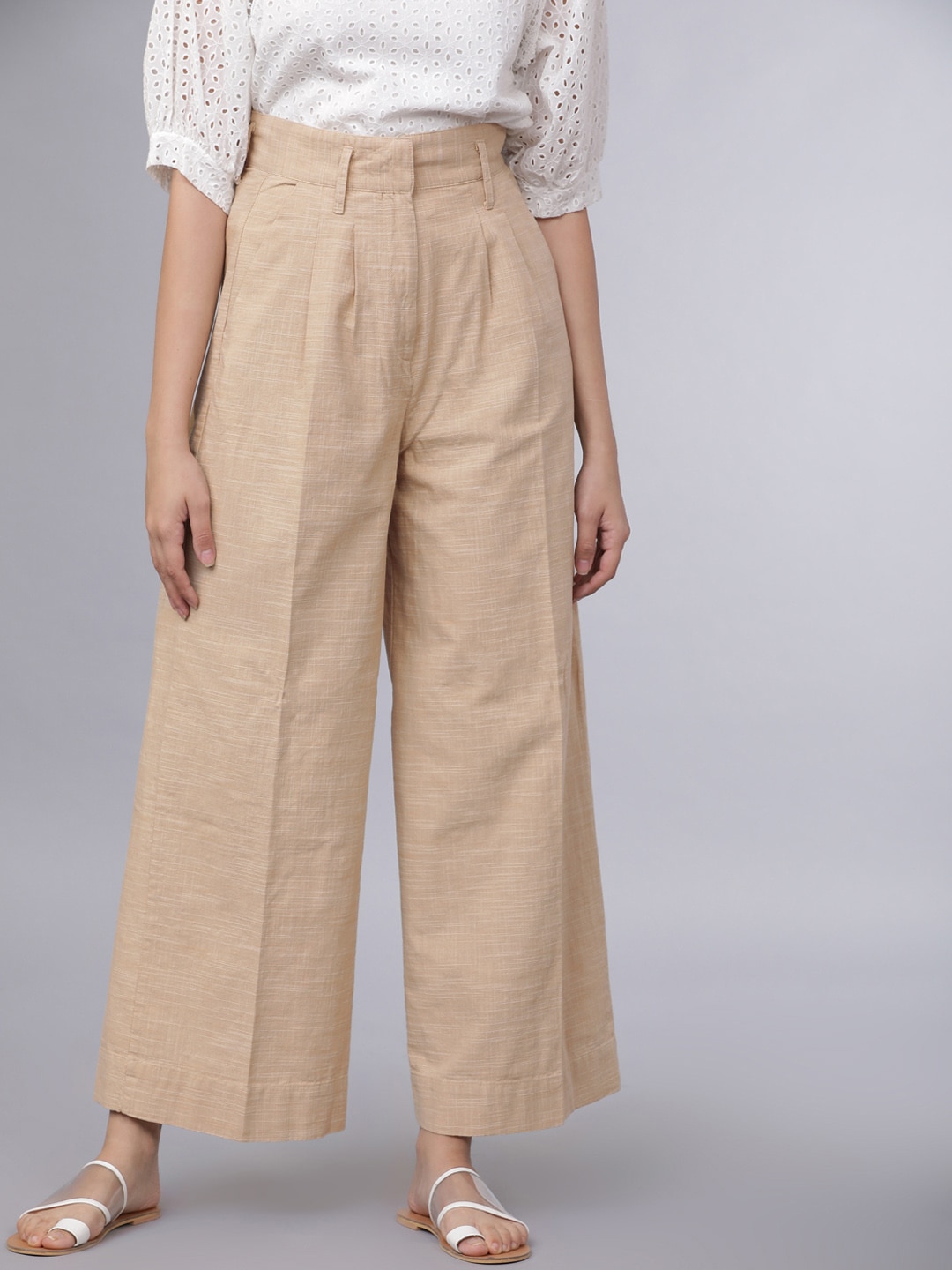 Tokyo Talkies Women Beige Regular Fit Self Design Parallel Trousers Price in India