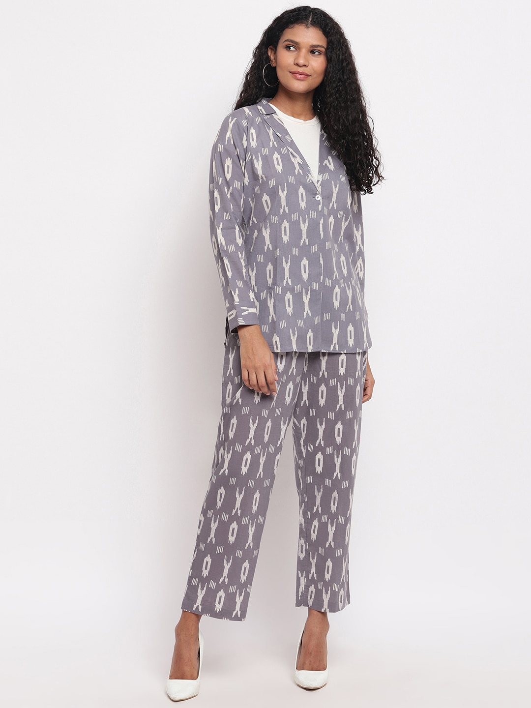 FABNEST Women Grey & White Printed Coat with Trousers Price in India