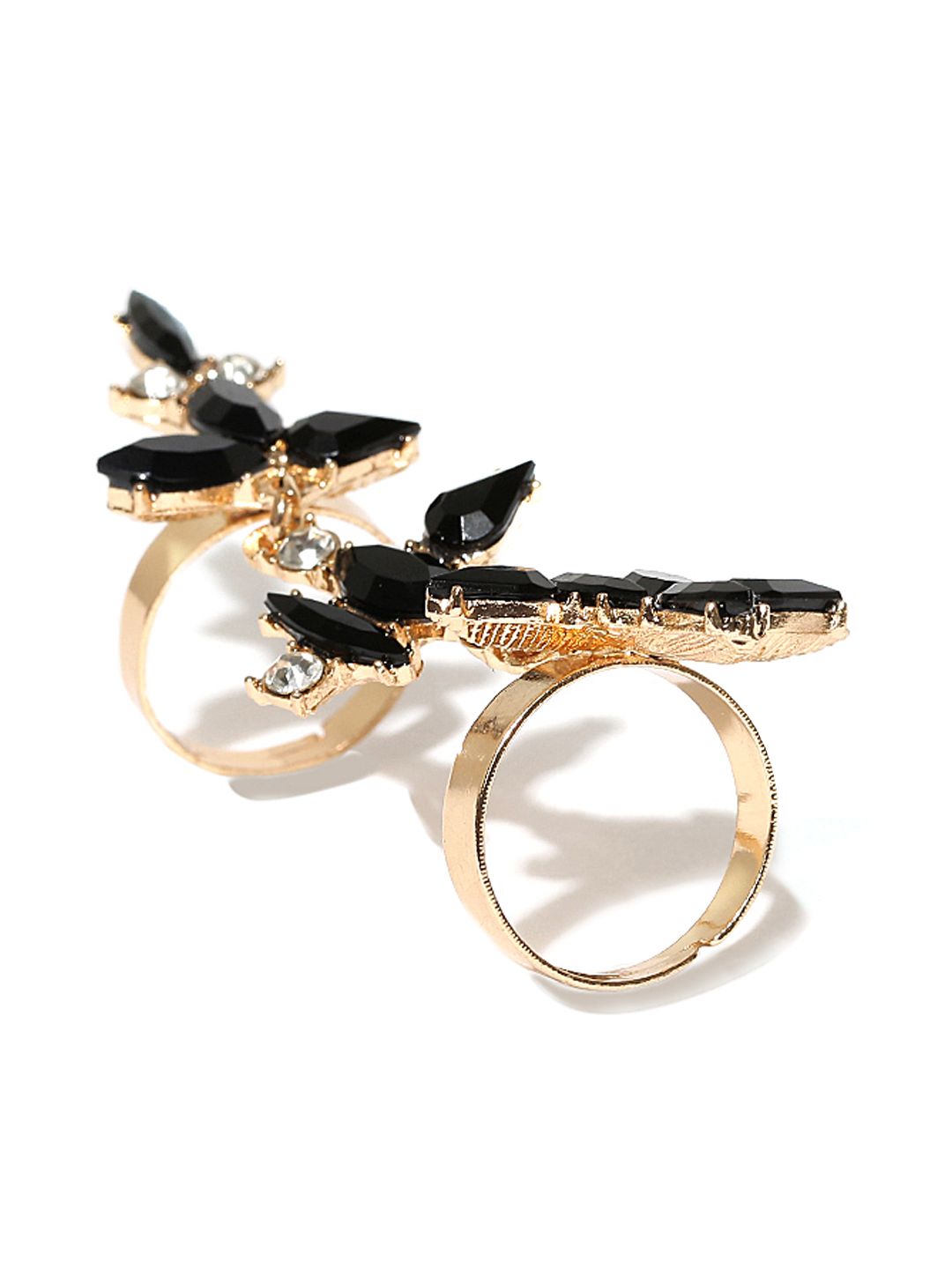 Bellofox Gold-Plated Black Glass Stone & Cubic Zirconia Studded Nooran Adjustable Finger Ring Price in India