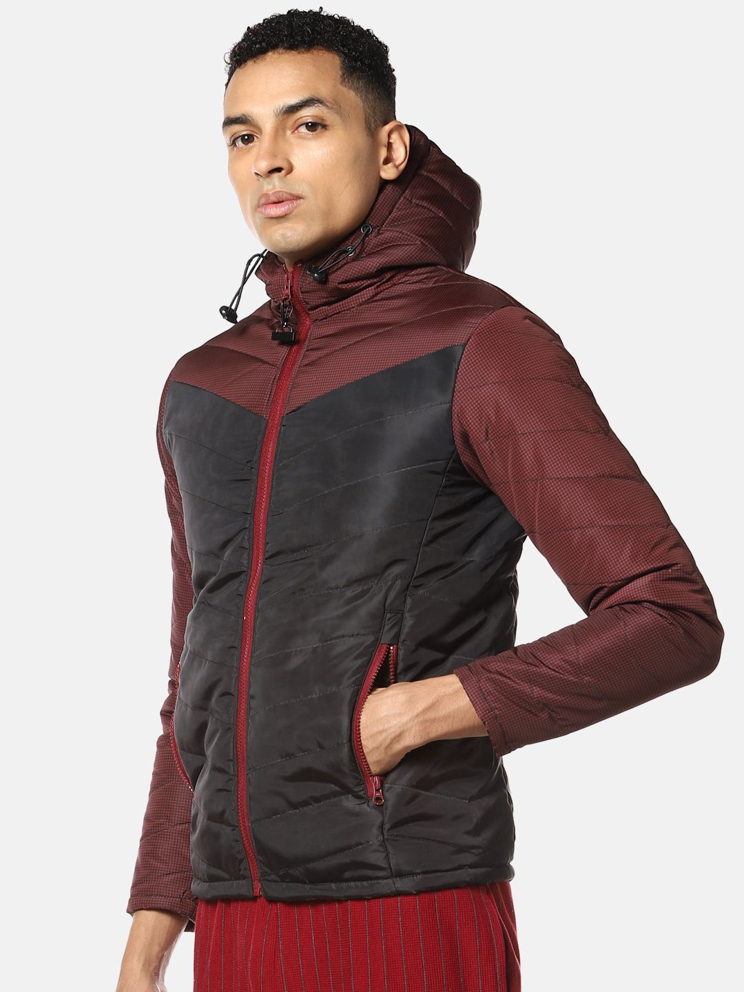 CAHOOT Men Maroon & Black Colourblocked Windcheater Puffer Jacket
