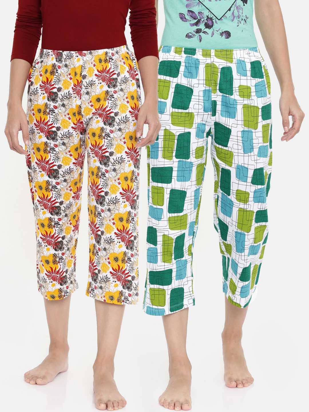 zebu Women Pack Of 2 Yellow & Green Printed Regular Fit 3/4th Lounge Pants Price in India