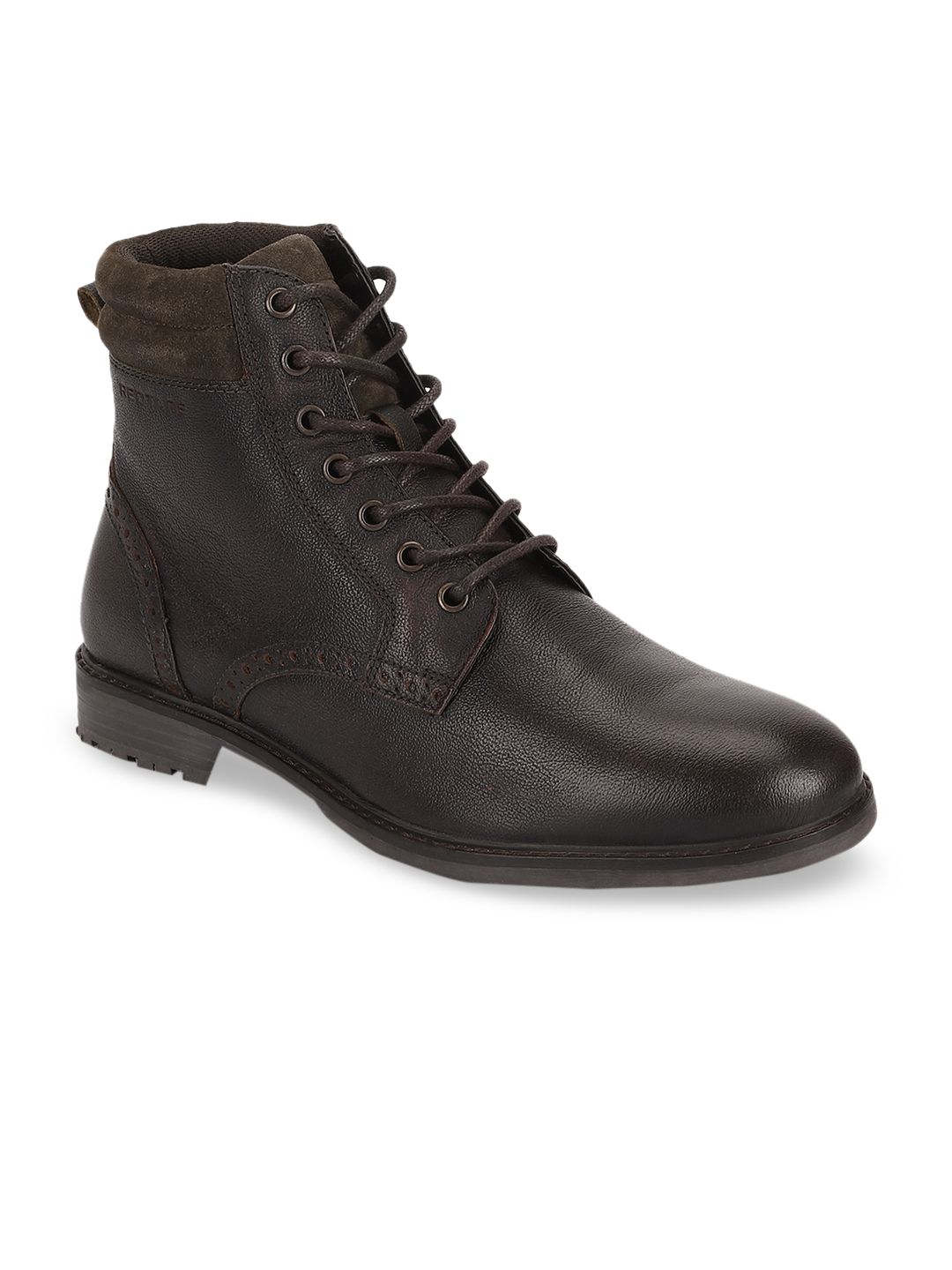 Red Tape Men Coffee Brown Solid Leather Mid-Top Flat Boots