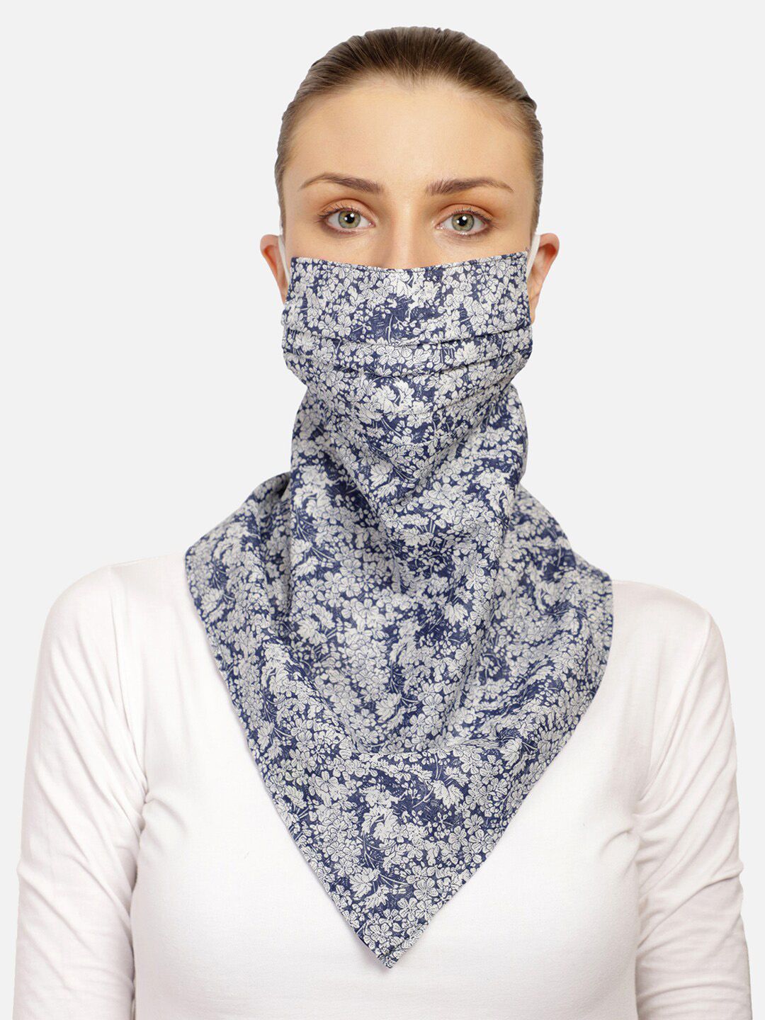 Anekaant Women Blue & White Printed Cotton Reusable 3-Ply Scarf Style Cloth Mask Price in India
