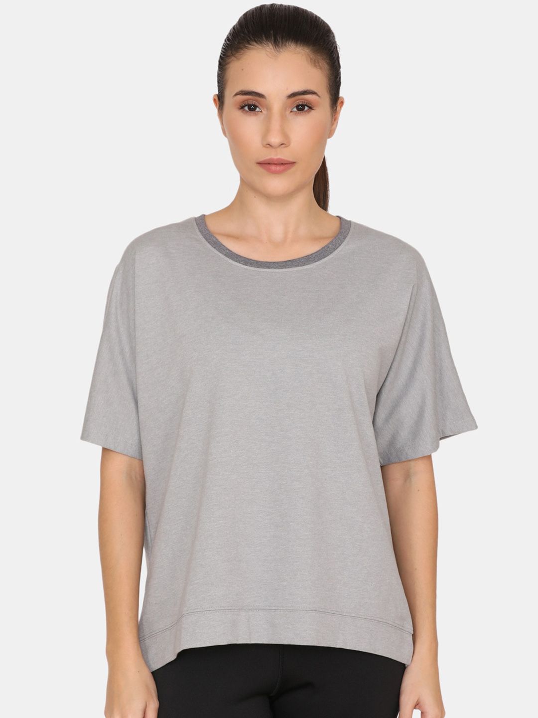 Zelocity Women Grey Solid Extended Sleeves T-shirt