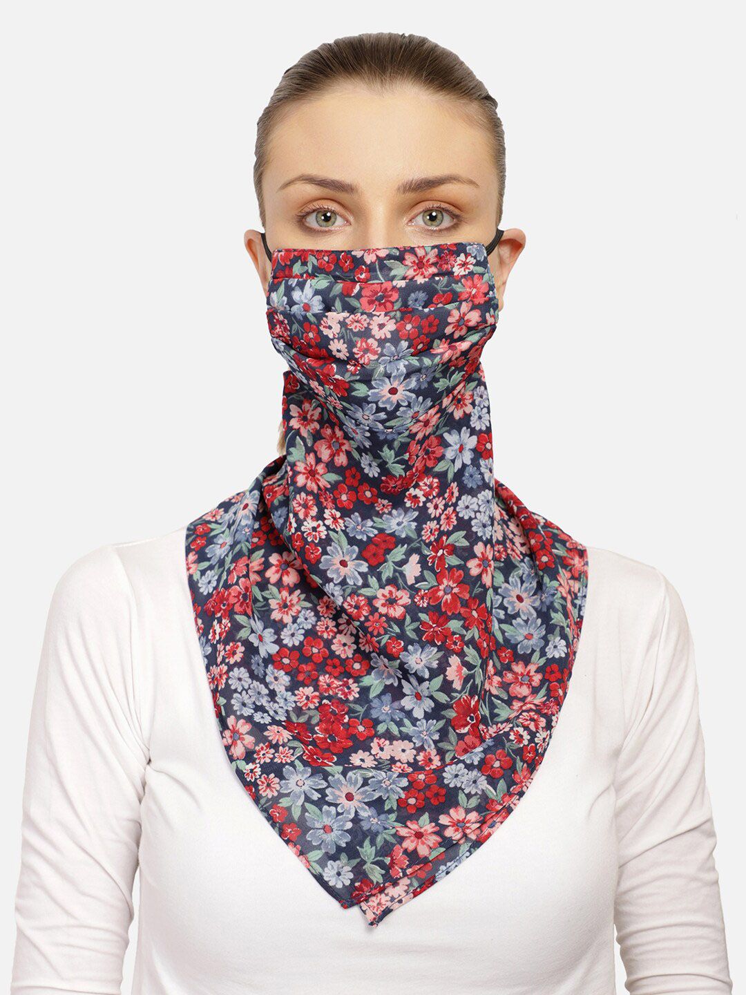 Anekaant Women Red & Blue 3-Ply Reusable Mini Floral Printed Scarf Style Cloth Mask Price in India
