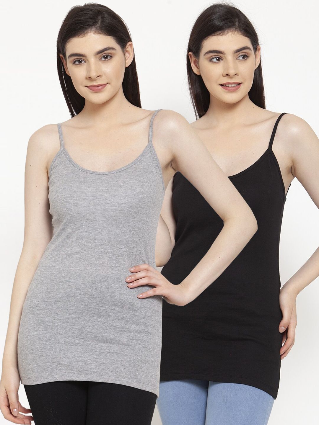 Friskers Women Pack Of 2 Solid Long Camisoles