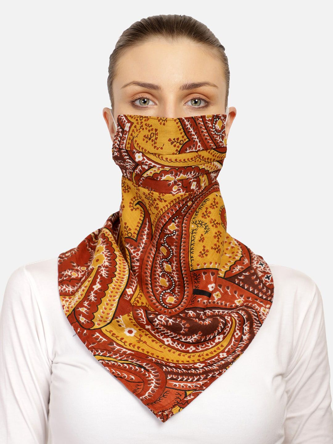 Anekaant Women Mustard Yellow Printed 3-Ply Reusable Scarf Style Fashion Mask Price in India