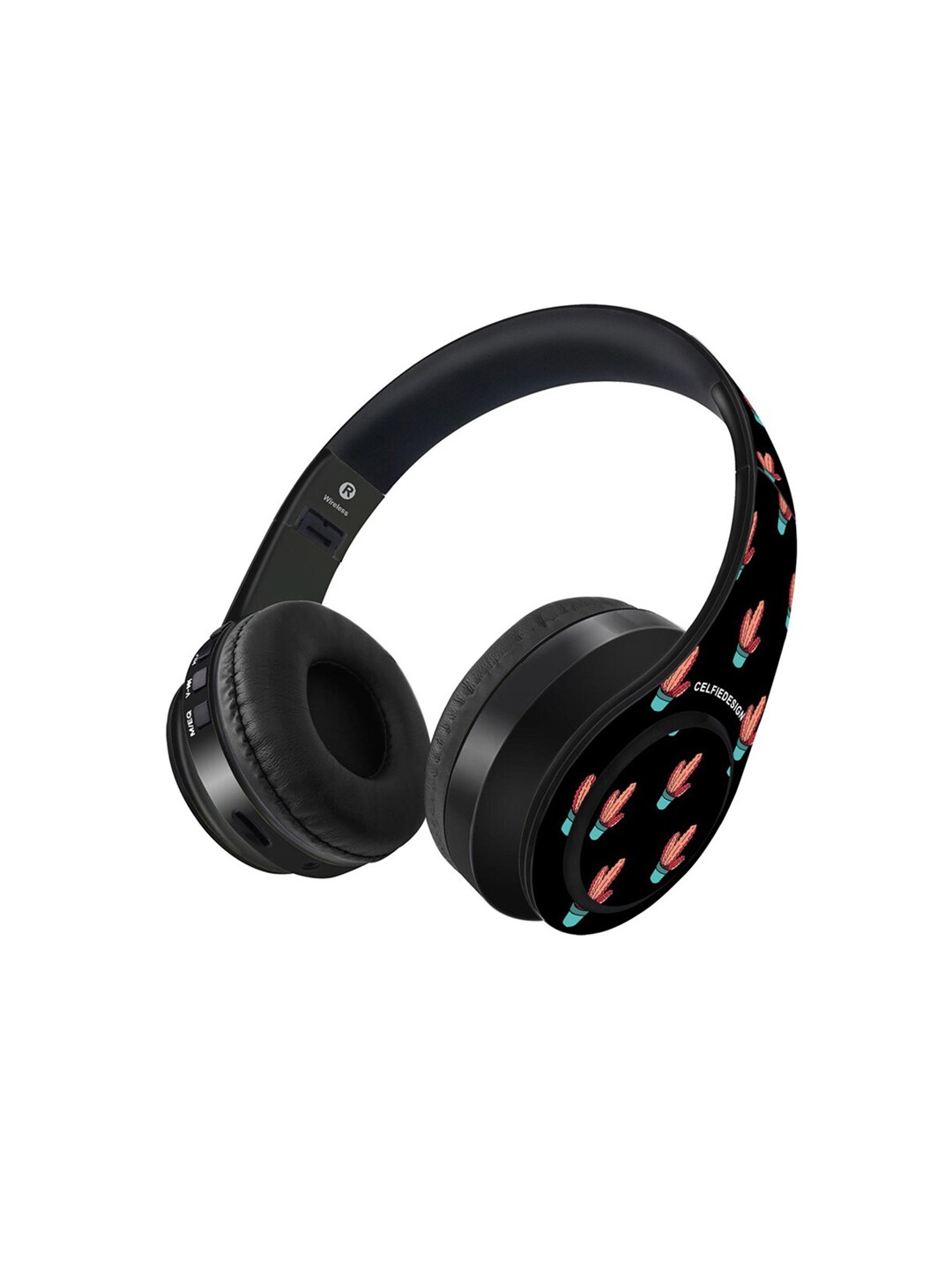 CelfieDesign Black & Green Cactus Printed Wireless Bluetooth On Ear Headphones With Mic Price in India