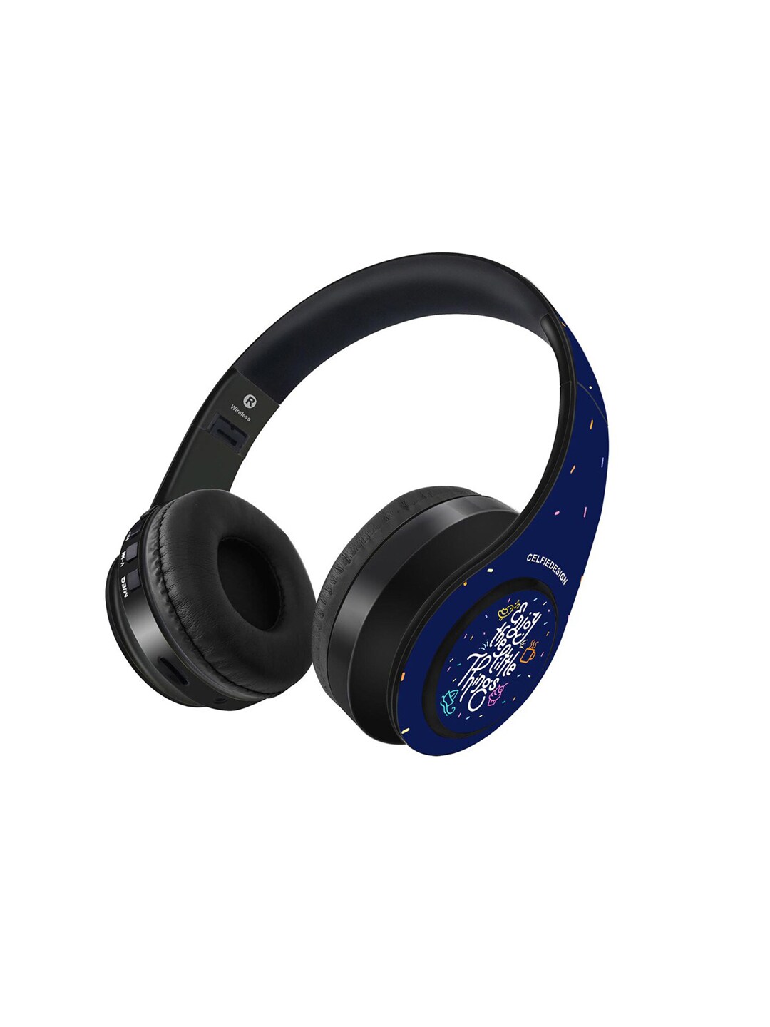 CelfieDesign Black & Blue Printed Enjoy The Little Things Wireless Bluetooth On Ear Headphones With Mic Price in India