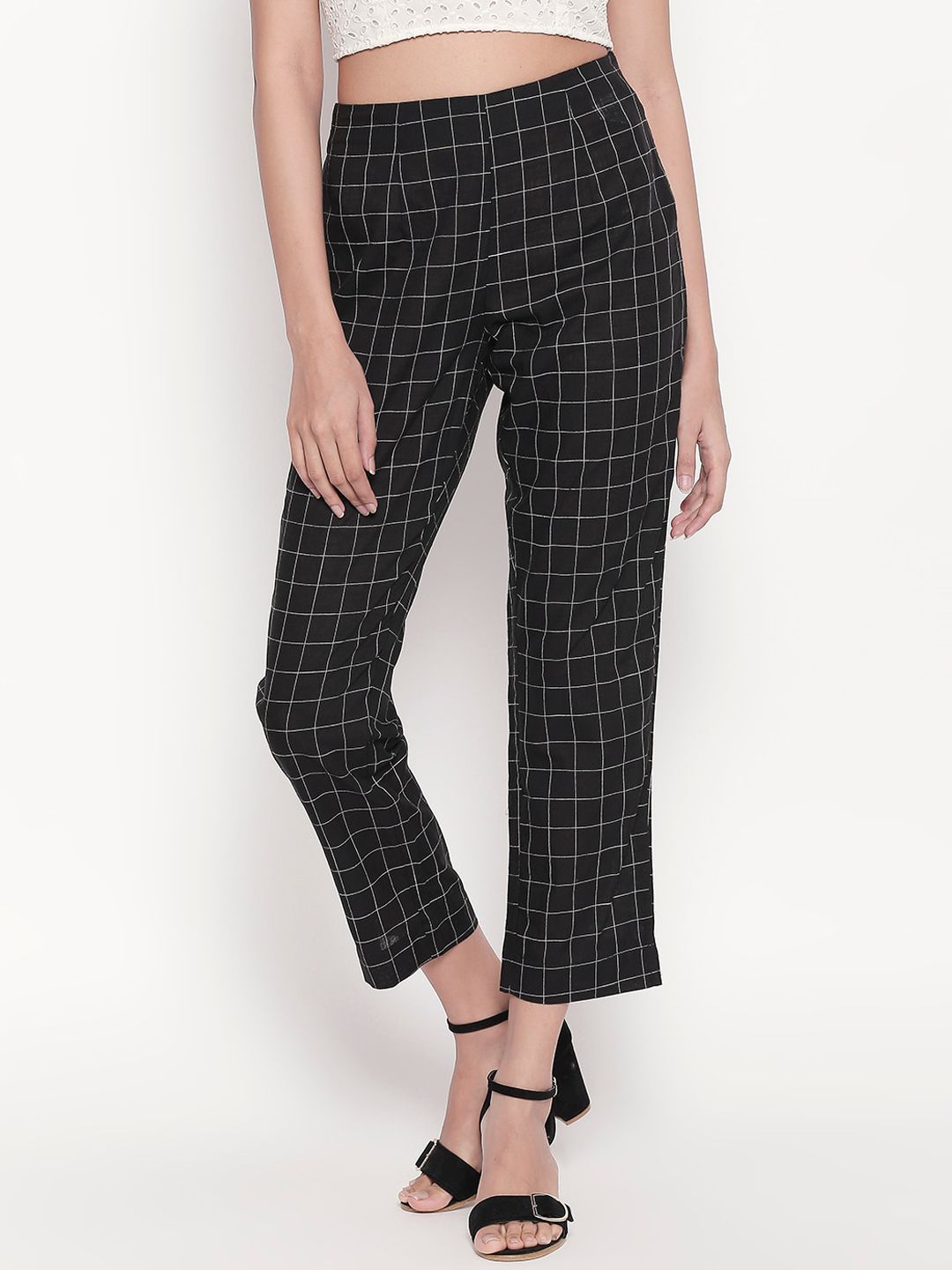 RANGMANCH BY PANTALOONS Women Black & Grey Slim Fit Checked Regular Trousers Price in India