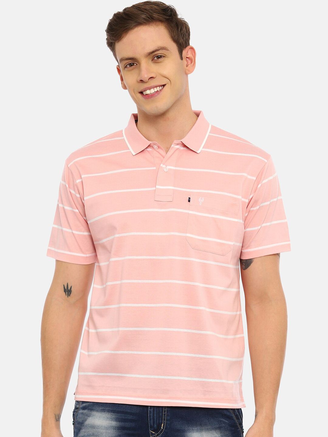 Classic Polo Men Pink Striped Polo Collar T-shirt