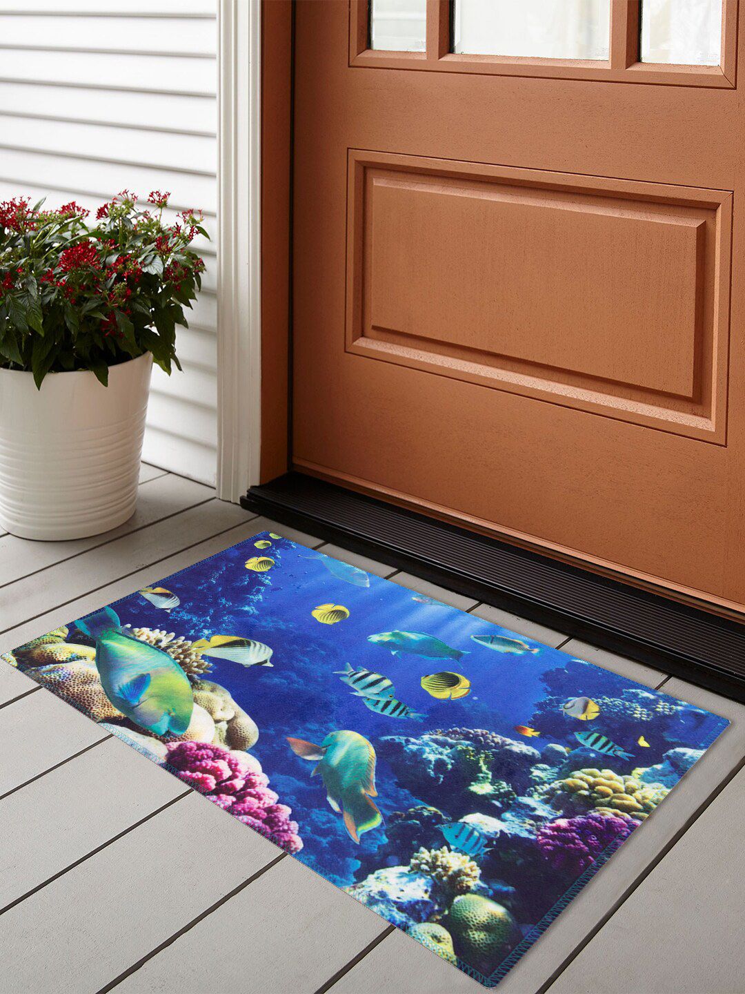 Story@home Blue & Yellow Printed Velvet Finish Anti-Skid Doormat Price in India