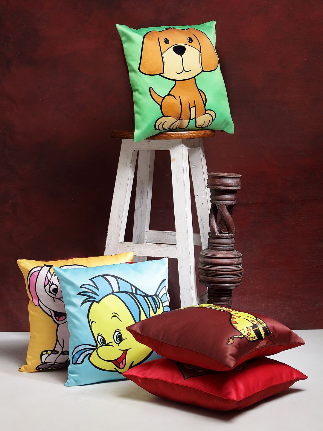 HOSTA HOMES Multicoloured Set of 5 Cartoon Characters Square Cushion Covers Price in India