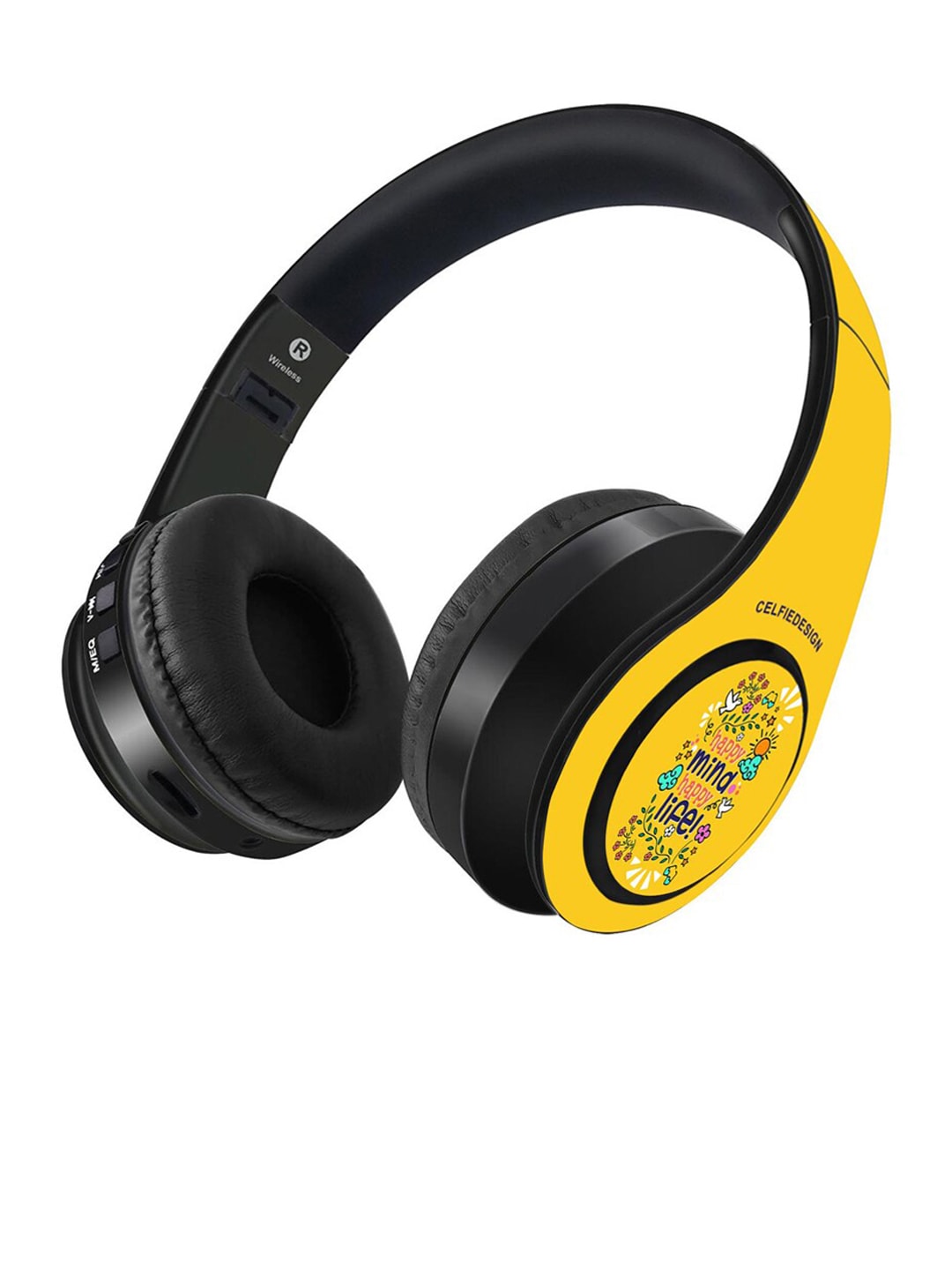 CelfieDesign Black & Yellow Printed Happy Mind Happy Life Wireless Bluetooth On Ear Headphones With Mic Price in India