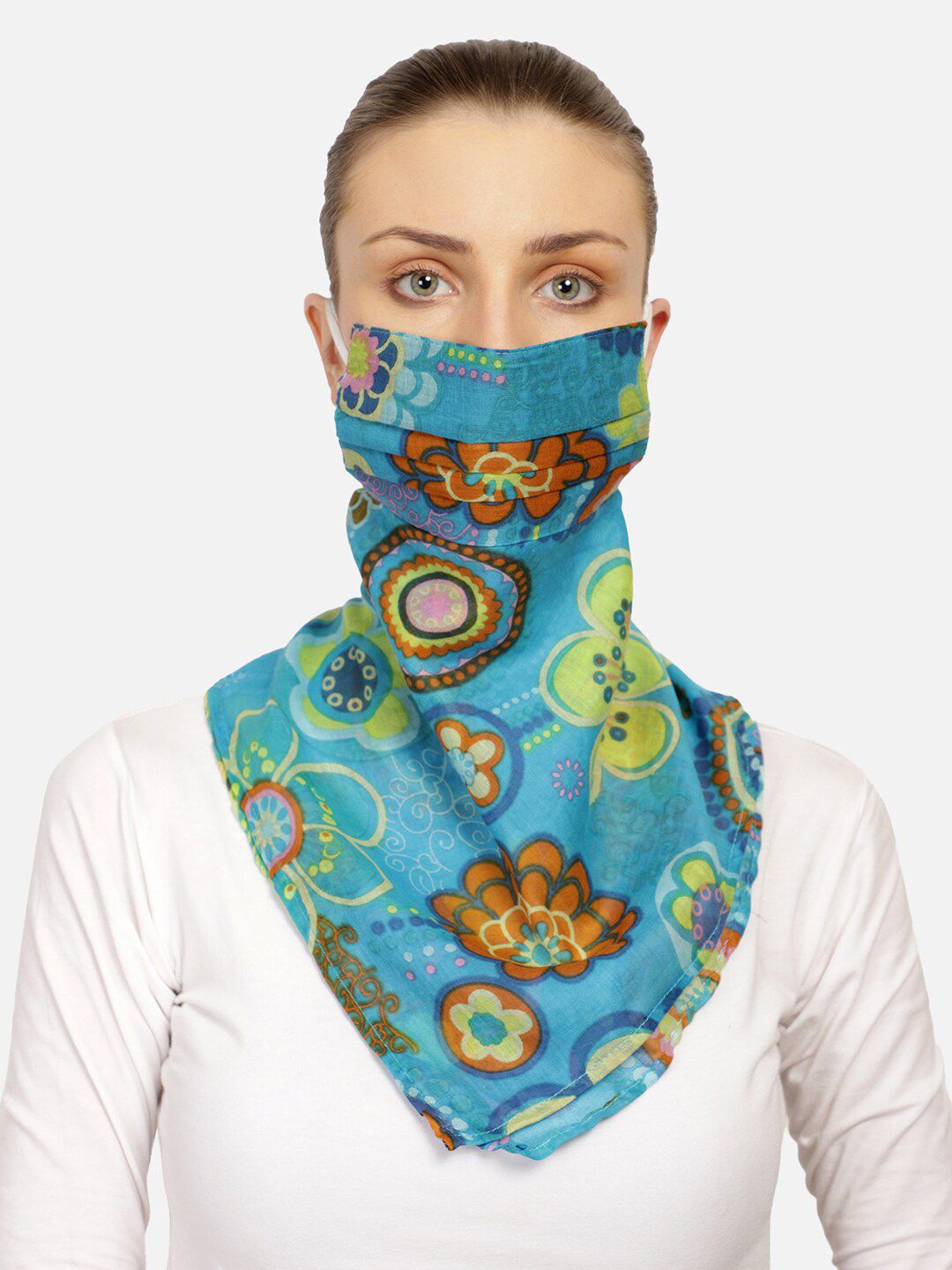 Anekaant Women Blue Printed 3-Ply Reusable Scarf Style Fashion Mask Price in India