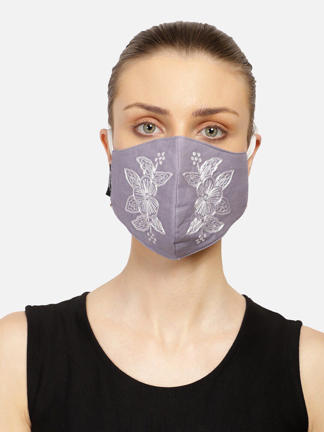 Anekaant Women 3-Ply Reusable Grey & White Floral Embroidered Cloth Mask Price in India