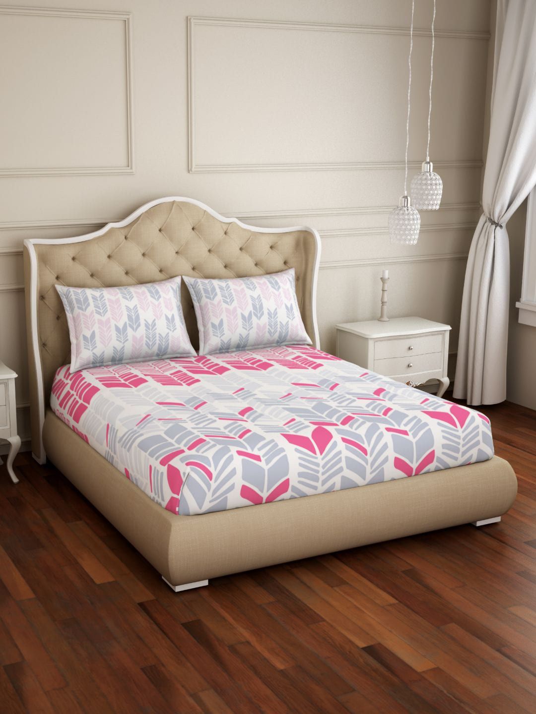 Spaces Atrium Plus Geometric Pink 1 King Size Fitted Sheets With 2 Pillow Cover Price in India