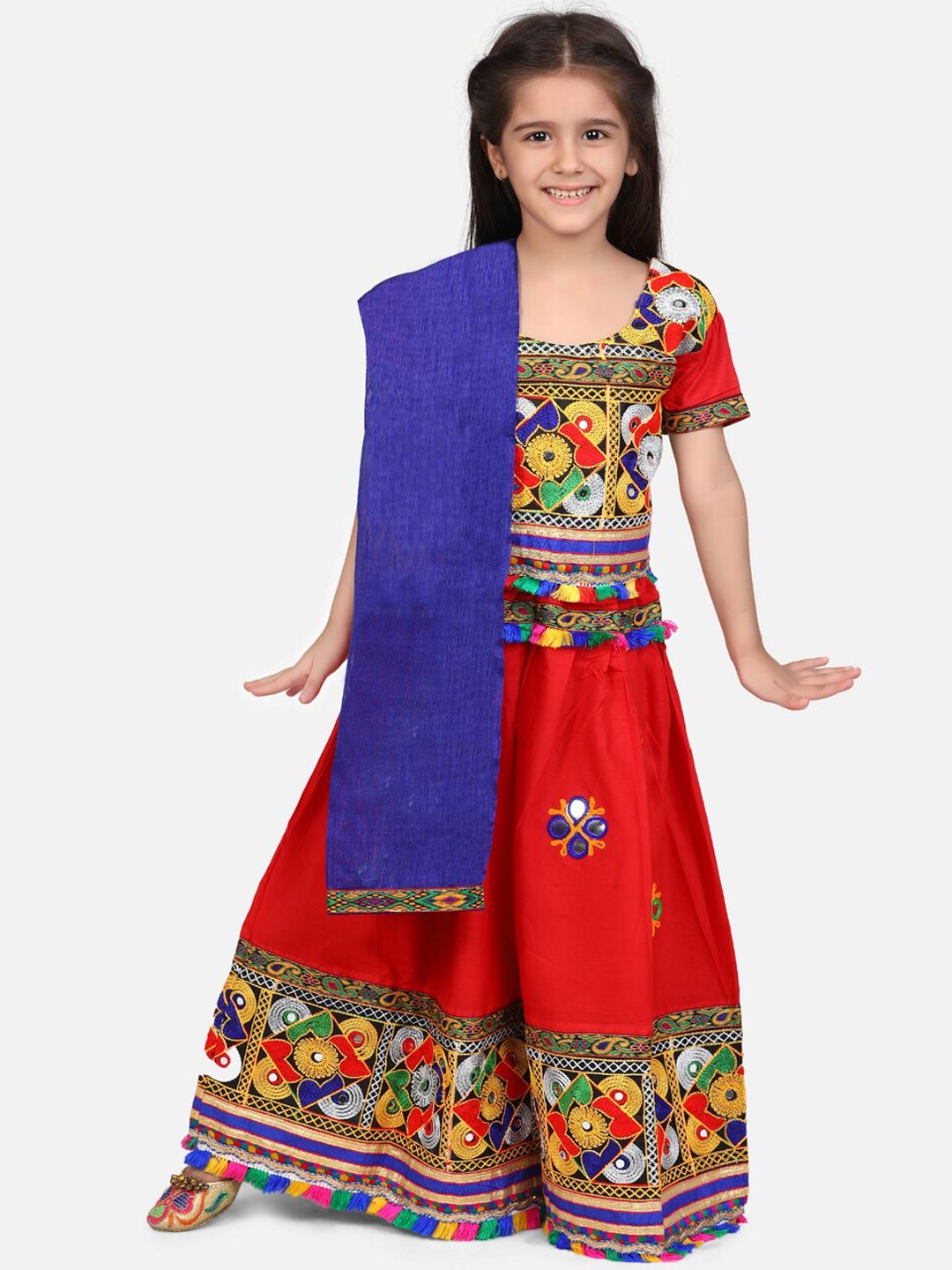 BownBee Girls Red & Blue Embroidered Ready to Wear Lehenga & Blouse with Dupatta