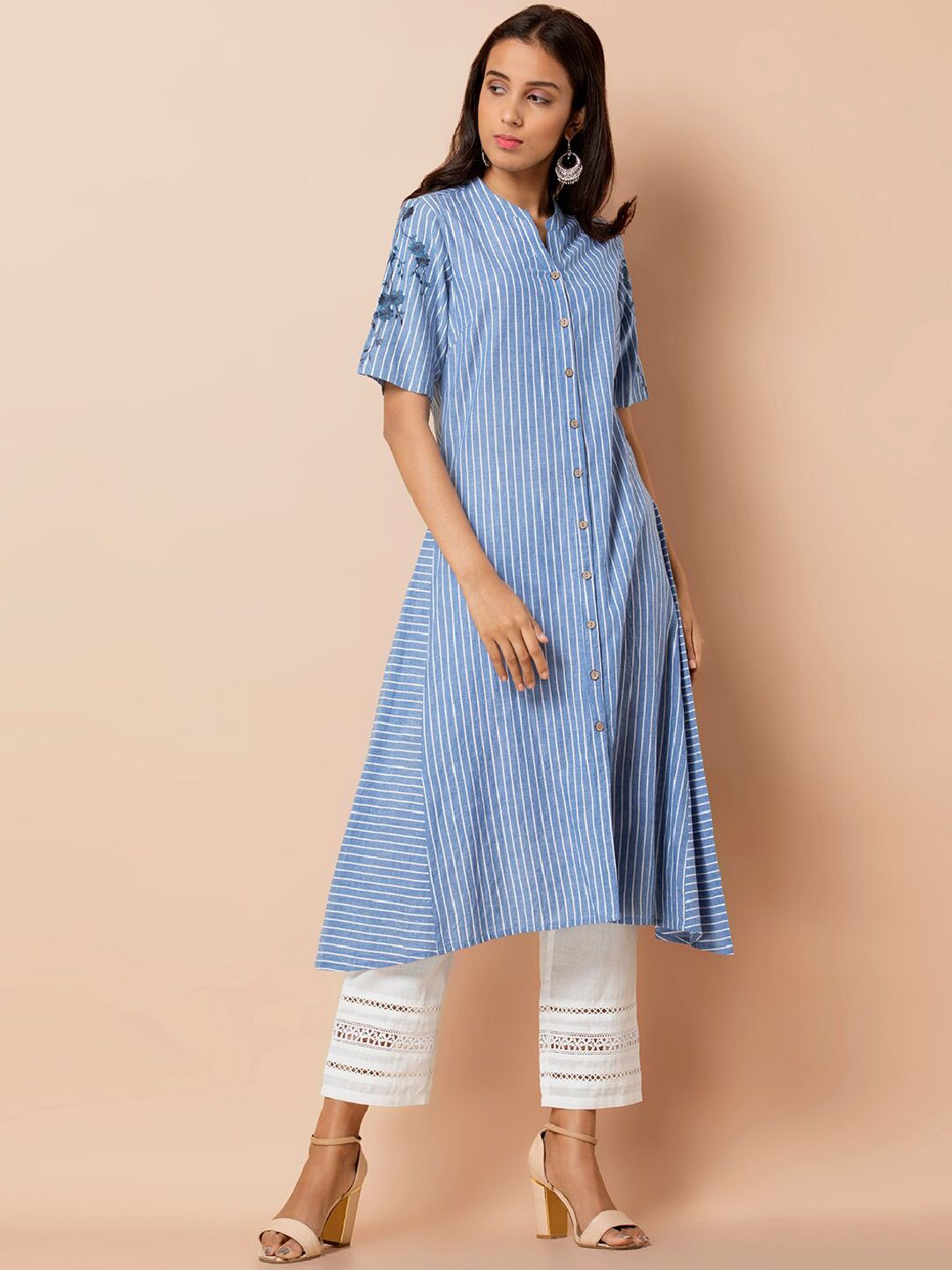 INDYA Blue Striped Embroidered Kurta Price in India