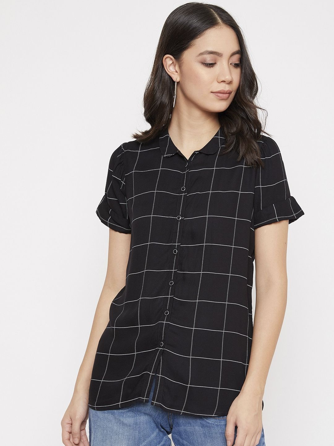 Crimsoune Club Women Black & White Slim Fit Checked Casual Shirt