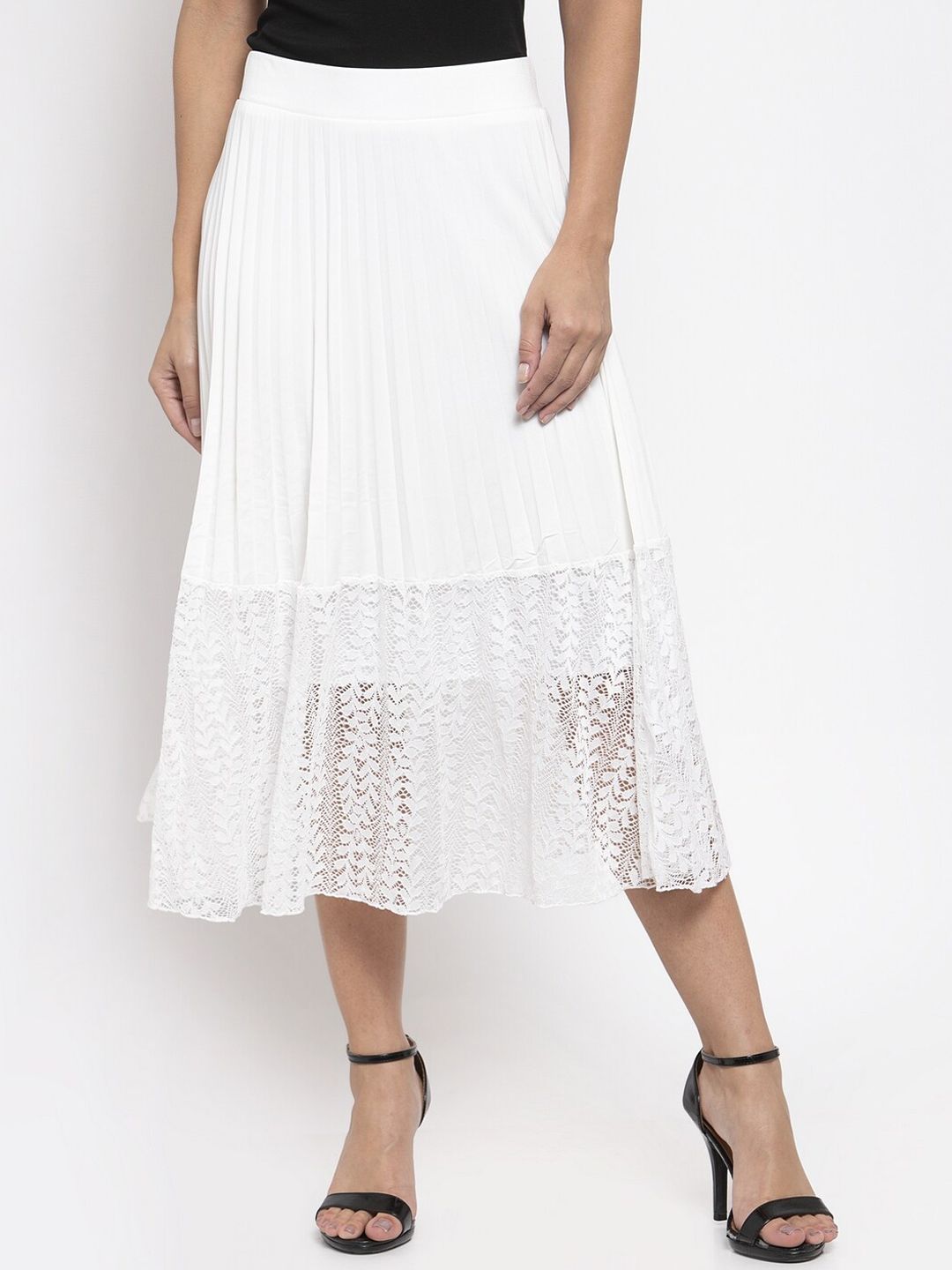 Global Republic White Self Design Flared Skirt