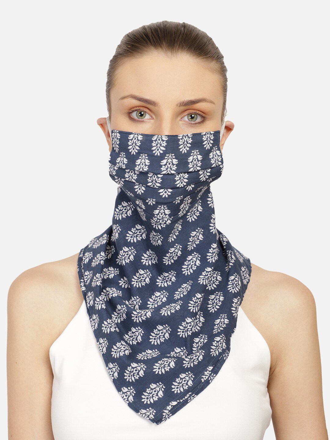 Anekaant Women Navy Blue Printed 3-Ply Reusable Scarf Style Fashion Mask Price in India