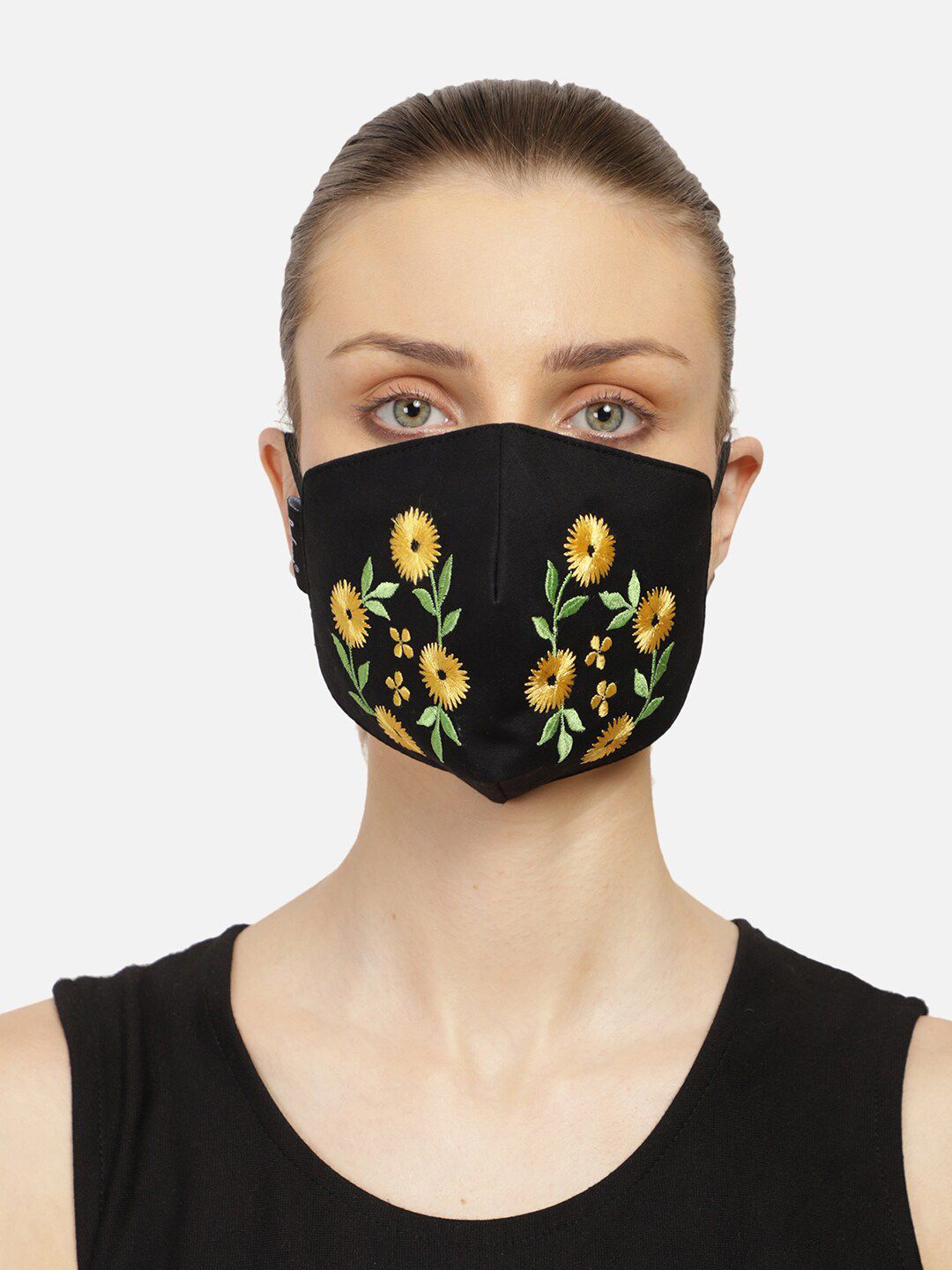 Anekaant Women 3-Ply Reusable Black & Yellow Floral Embroidered Cloth Mask Price in India