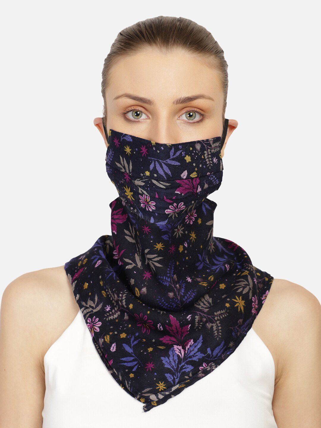 Anekaant Women Navy Blue & Pink Printed Reusable 3-Ply Scarf Style Cloth Mask Price in India
