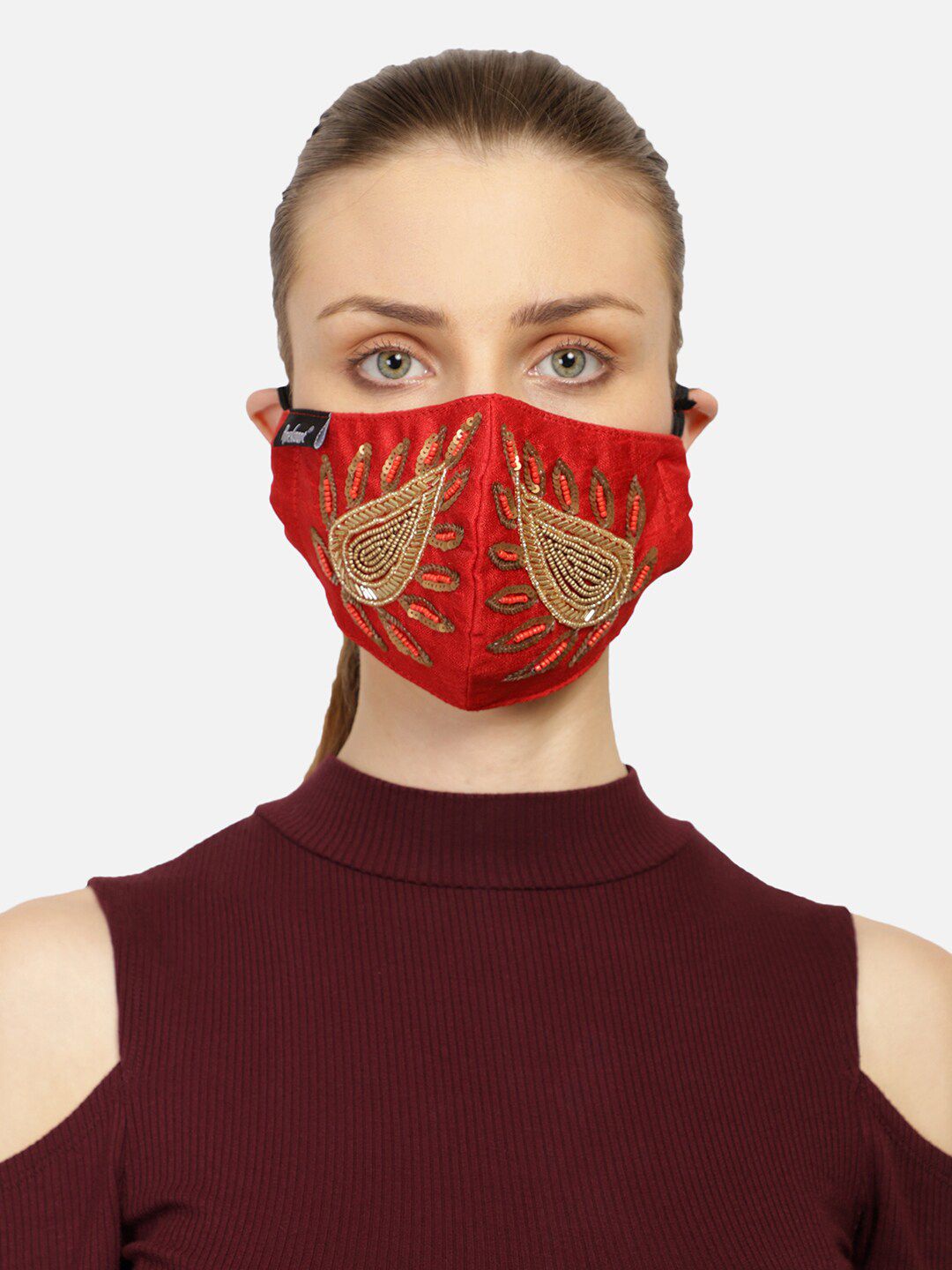 Anekaant Women Red & Gold-Toned Art Silk Embroidered Reusable 3-Ply Cloth Mask Price in India