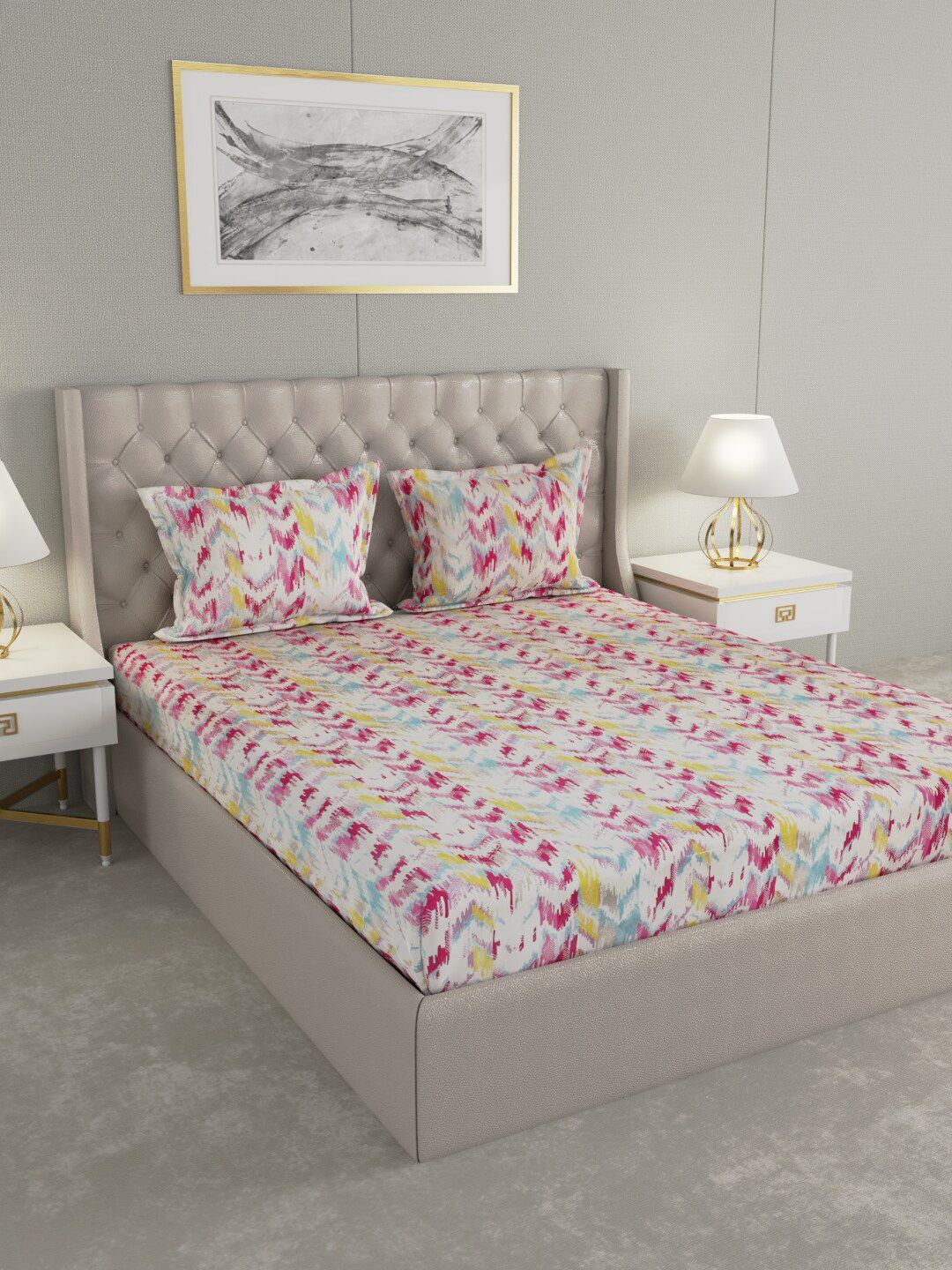 Raymond Home Multicoloured Abstract 104 TC Cotton 1 Queen Bedsheet with 2 Pillow Covers Price in India